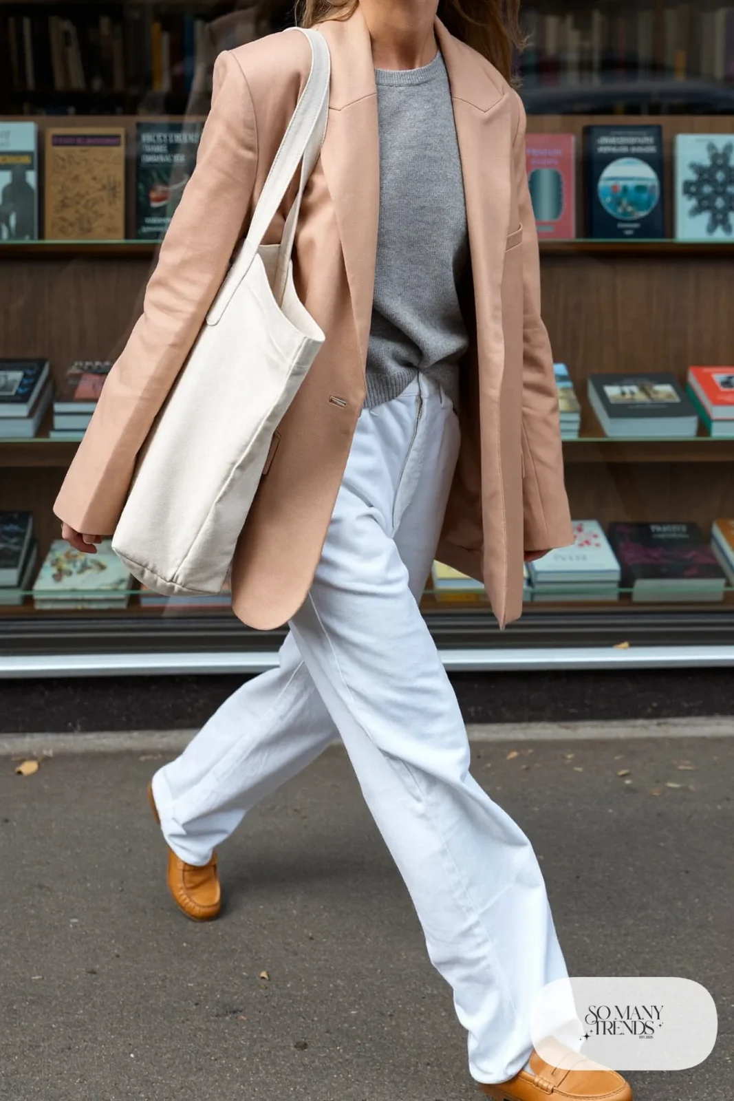 Blush relaxed blazer, white straight pants, gray knit top and tan loafers, outfit 9