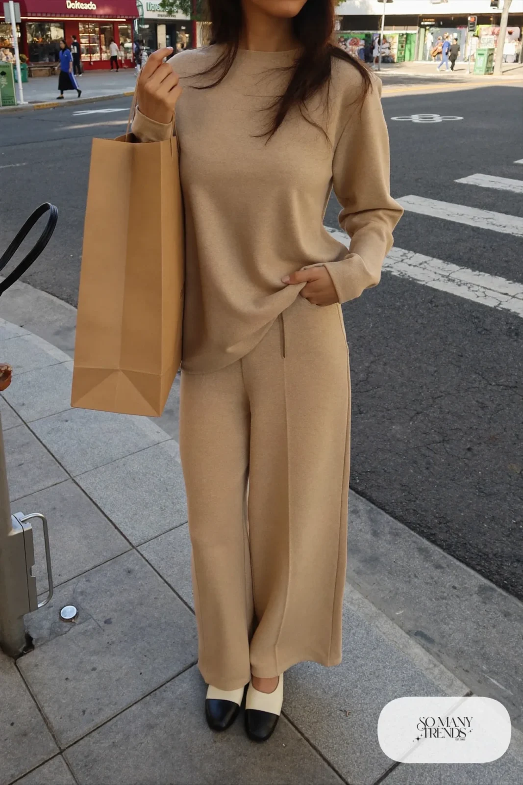 Camel knit top, camel straight pants and black-and-ivory two-tone flats, outfit 11