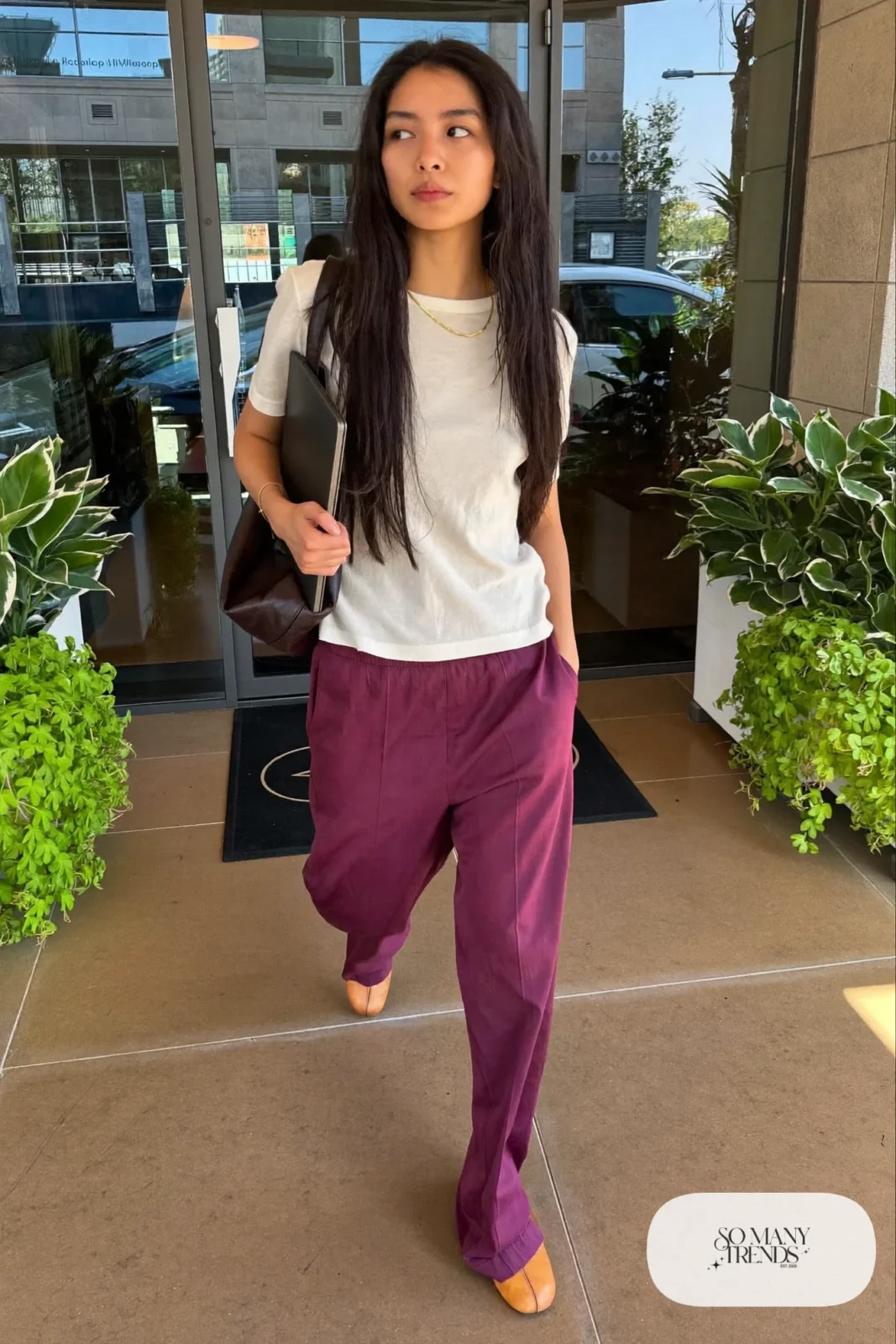 Plum wide-leg trousers, ivory tee and tan flats, outfit 13