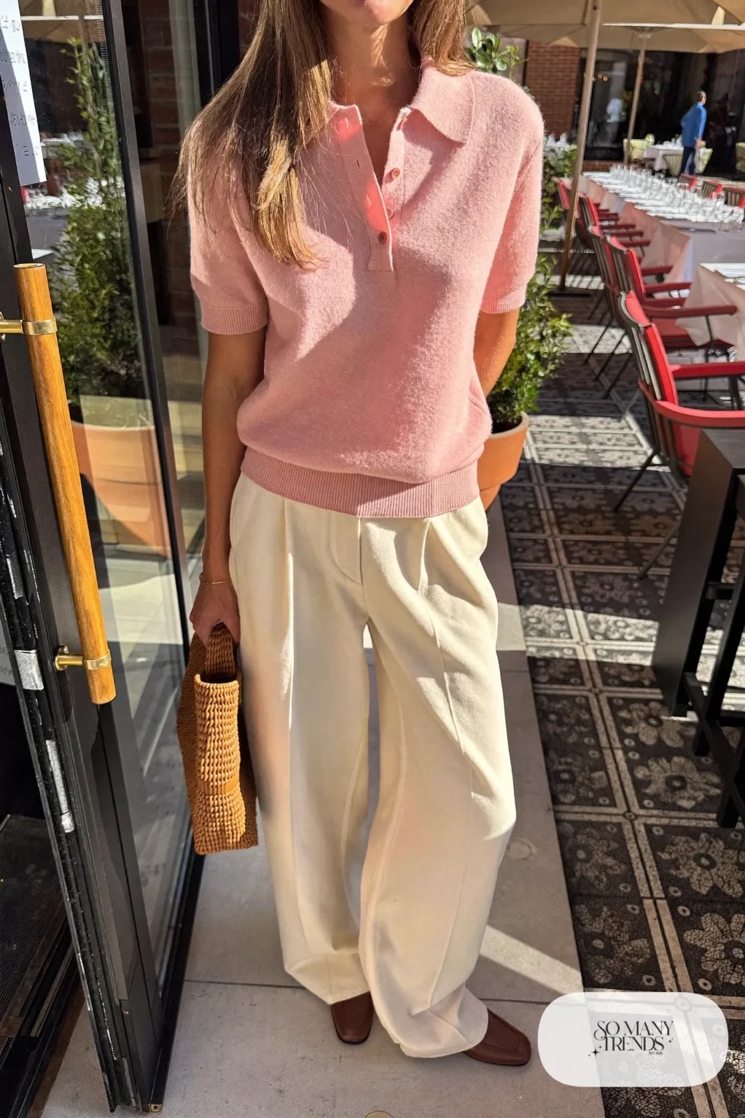 Blush knit polo, wide cream pants and brown loafers, outfit 14