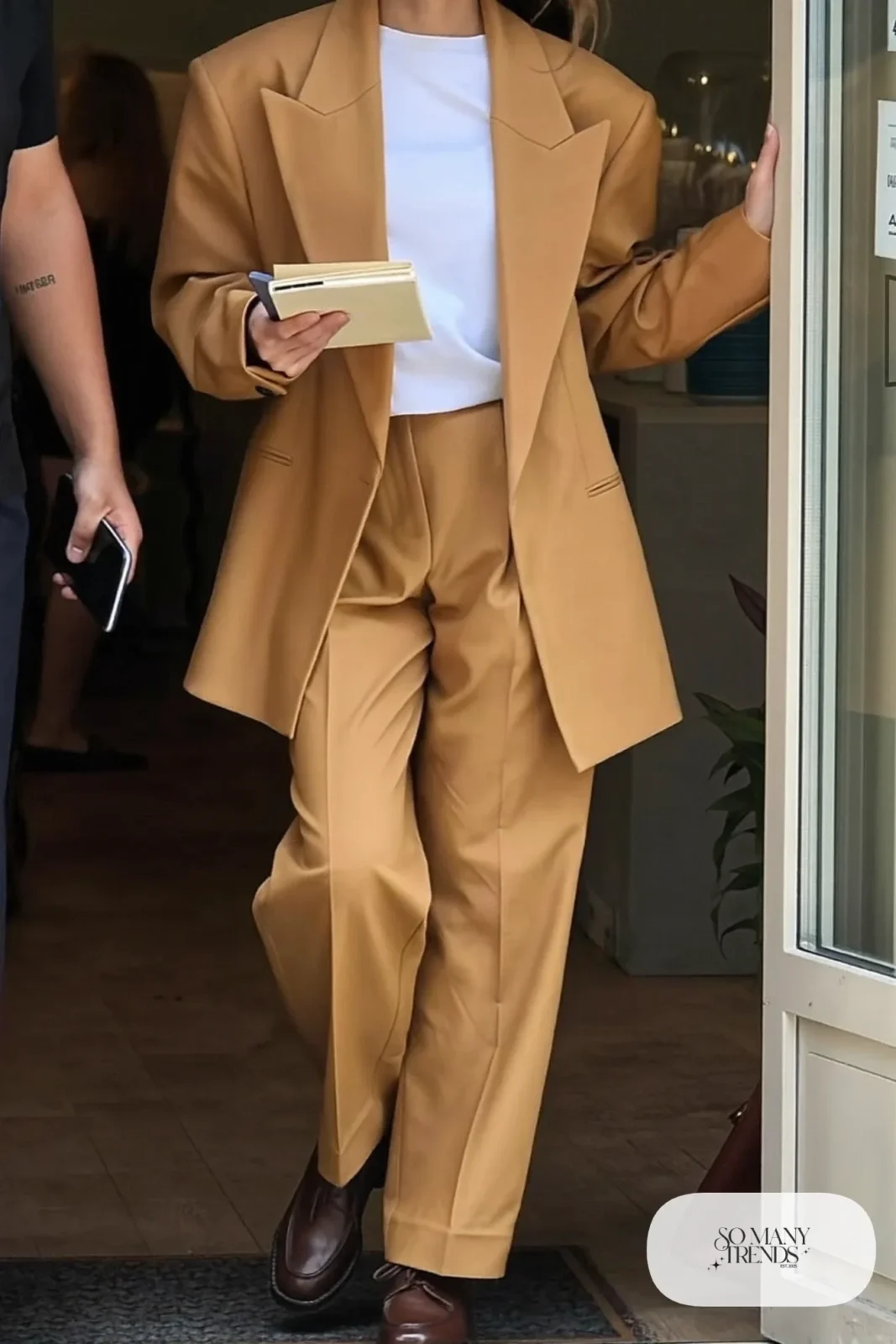 Camel relaxed blazer, camel straight pants, white tee and dark brown derby shoes, outfit 17