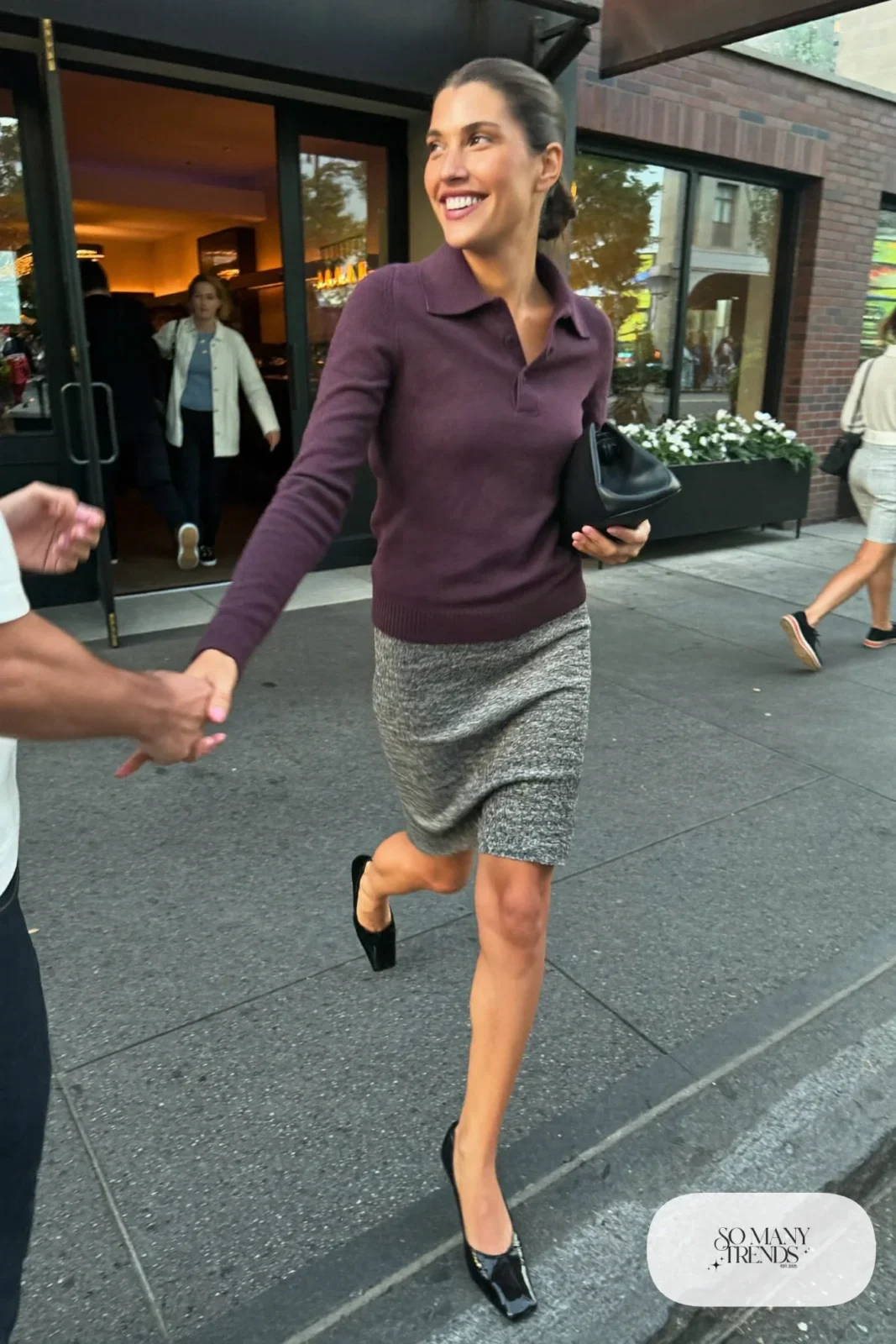 Plum knit polo sweater, gray pencil skirt and black square-toe pumps, outfit 23