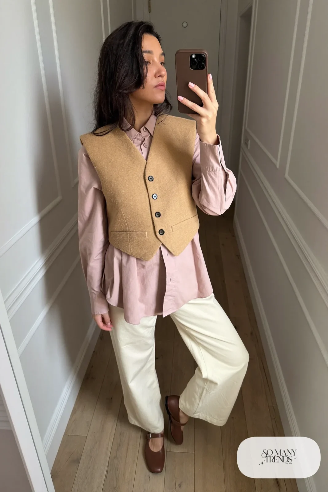 Camel tailored vest, blush shirt, wide cream pants and brown flats, outfit 24