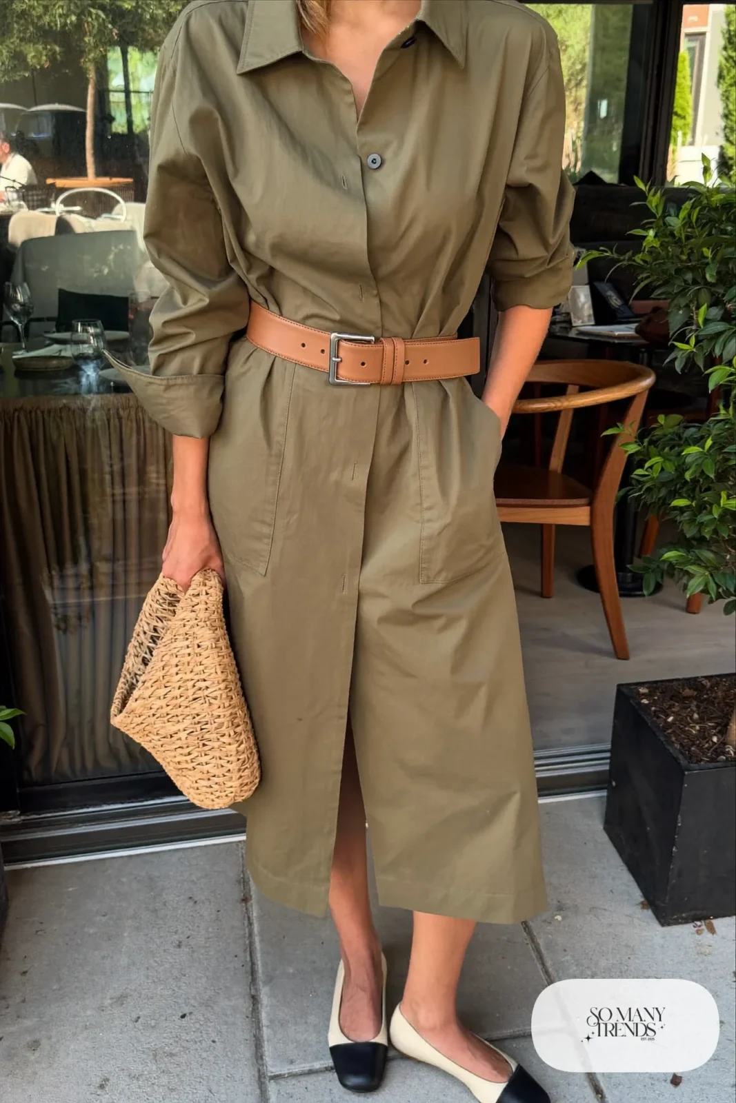 Olive belted shirt dress with black and ivory two-tone flats, outfit 26