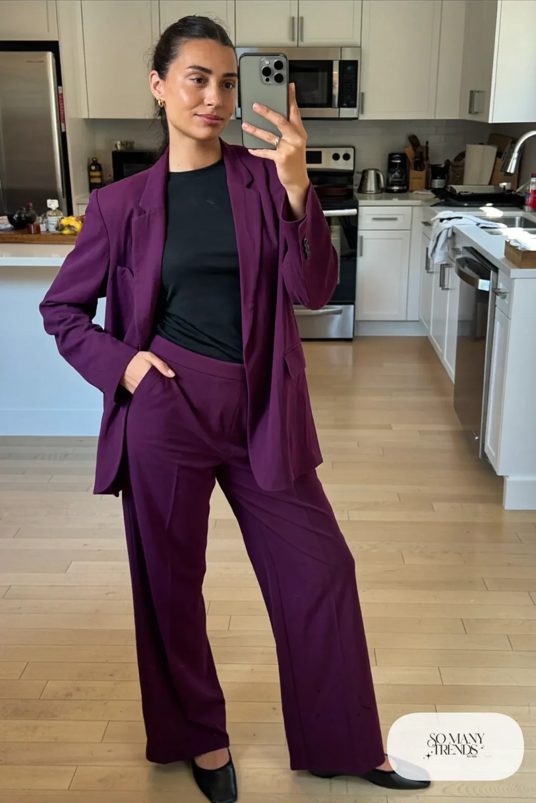 Plum relaxed blazer, plum wide pants, black tee and black square-toe flats in a mirror selfie, outfit 28