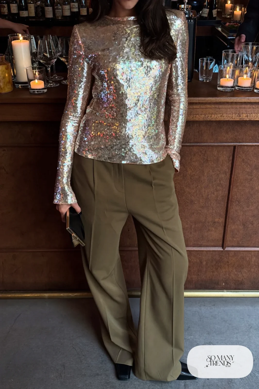 Look 5: gold sequin top, olive tailored wide-leg pants, black square-toe heels, small clutch