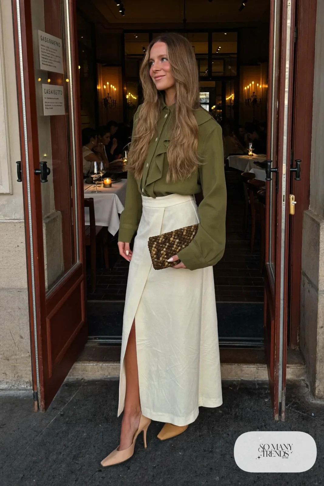 Look 17: olive blouse, cream midi skirt with a slit, tan heels, small clutch