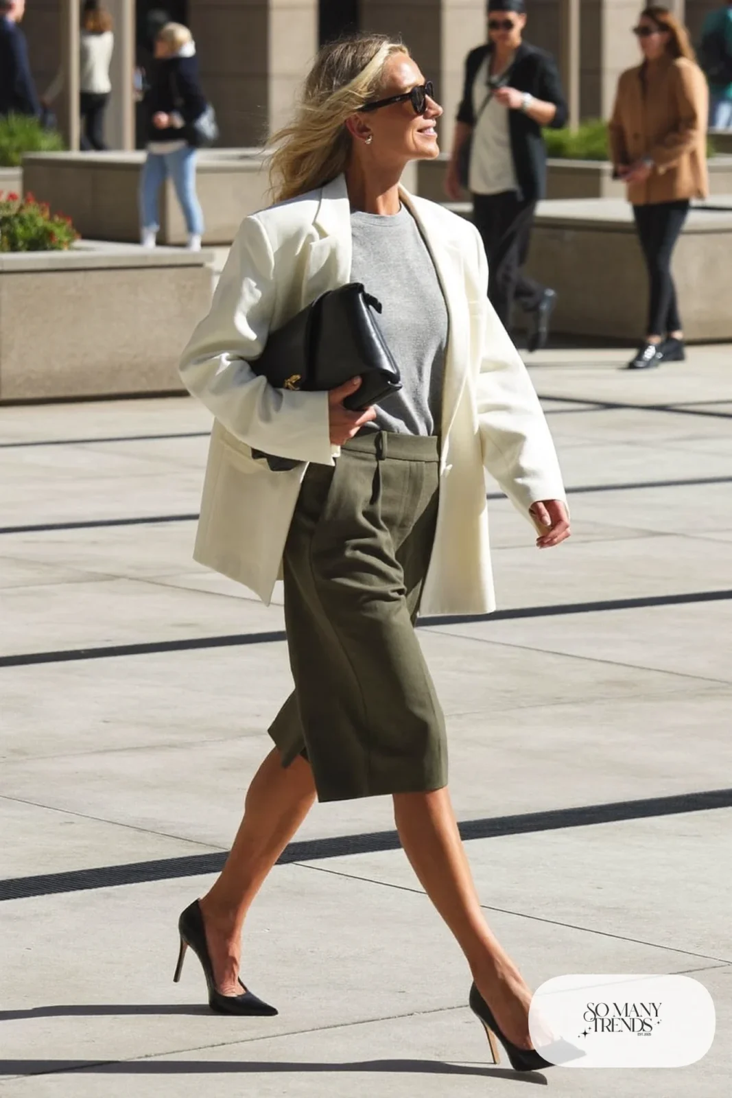 Olive tailored Bermuda shorts, ivory blazer, gray tee and black pointed pumps, outfit 15