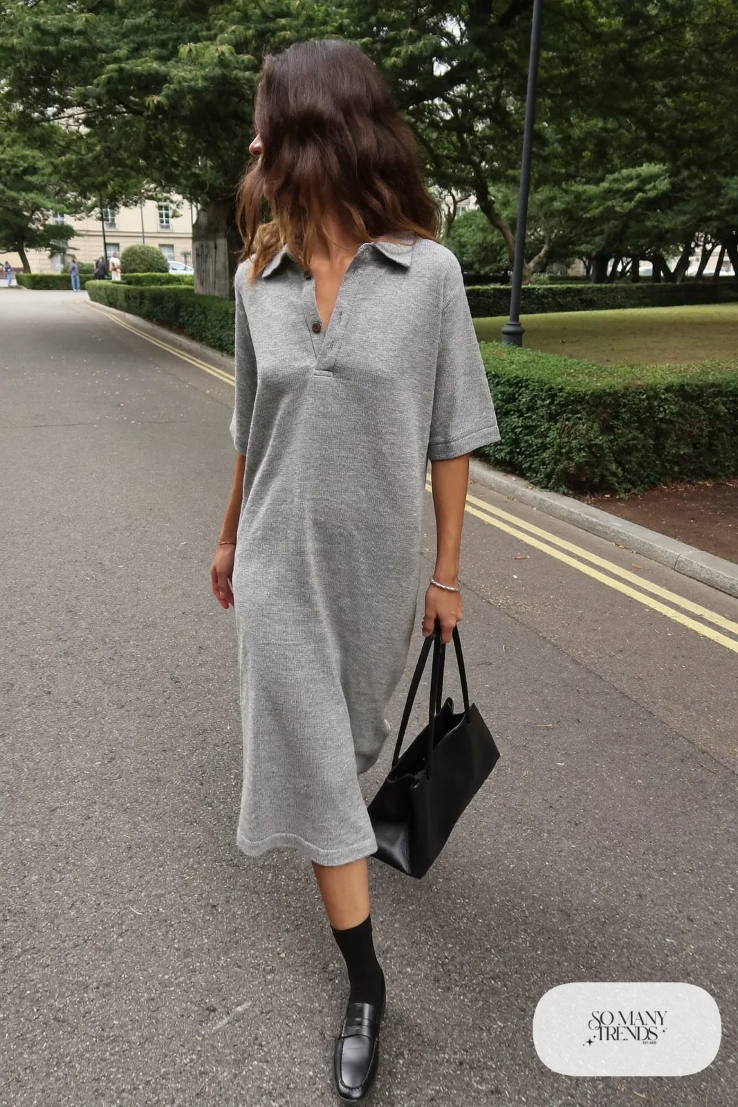 Heather gray loose knit polo dress with black loafers, outfit 18