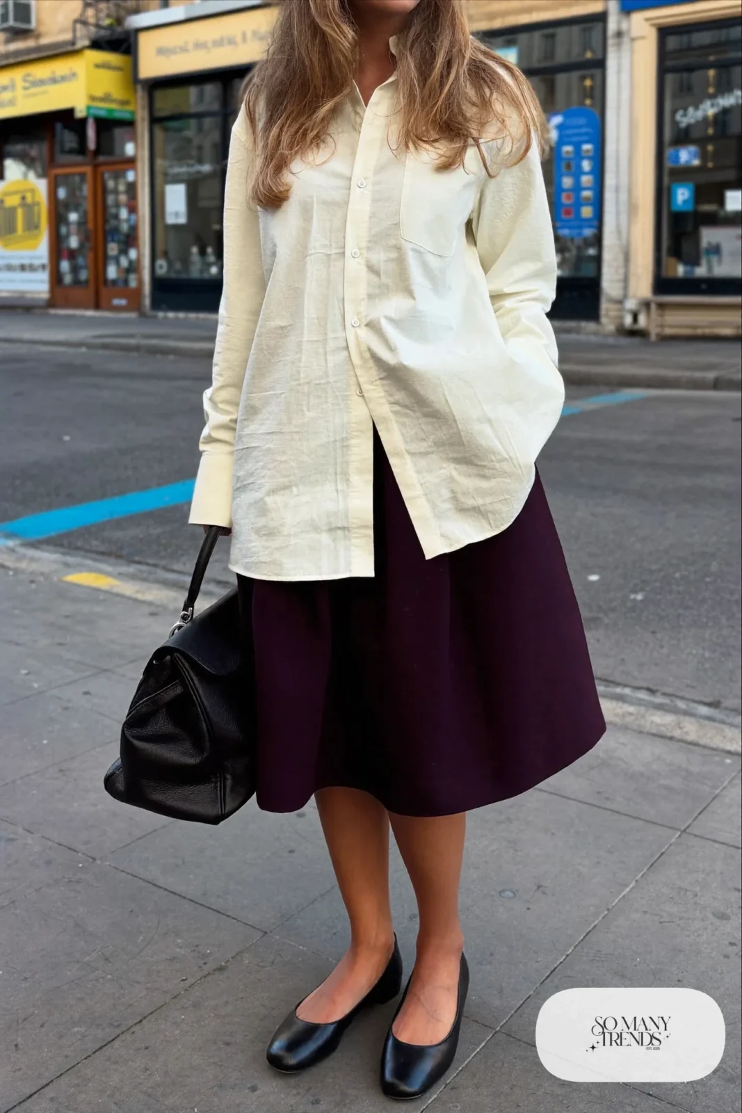 Ivory shirt with popped collar, plum A-line skirt and black flats, outfit 19