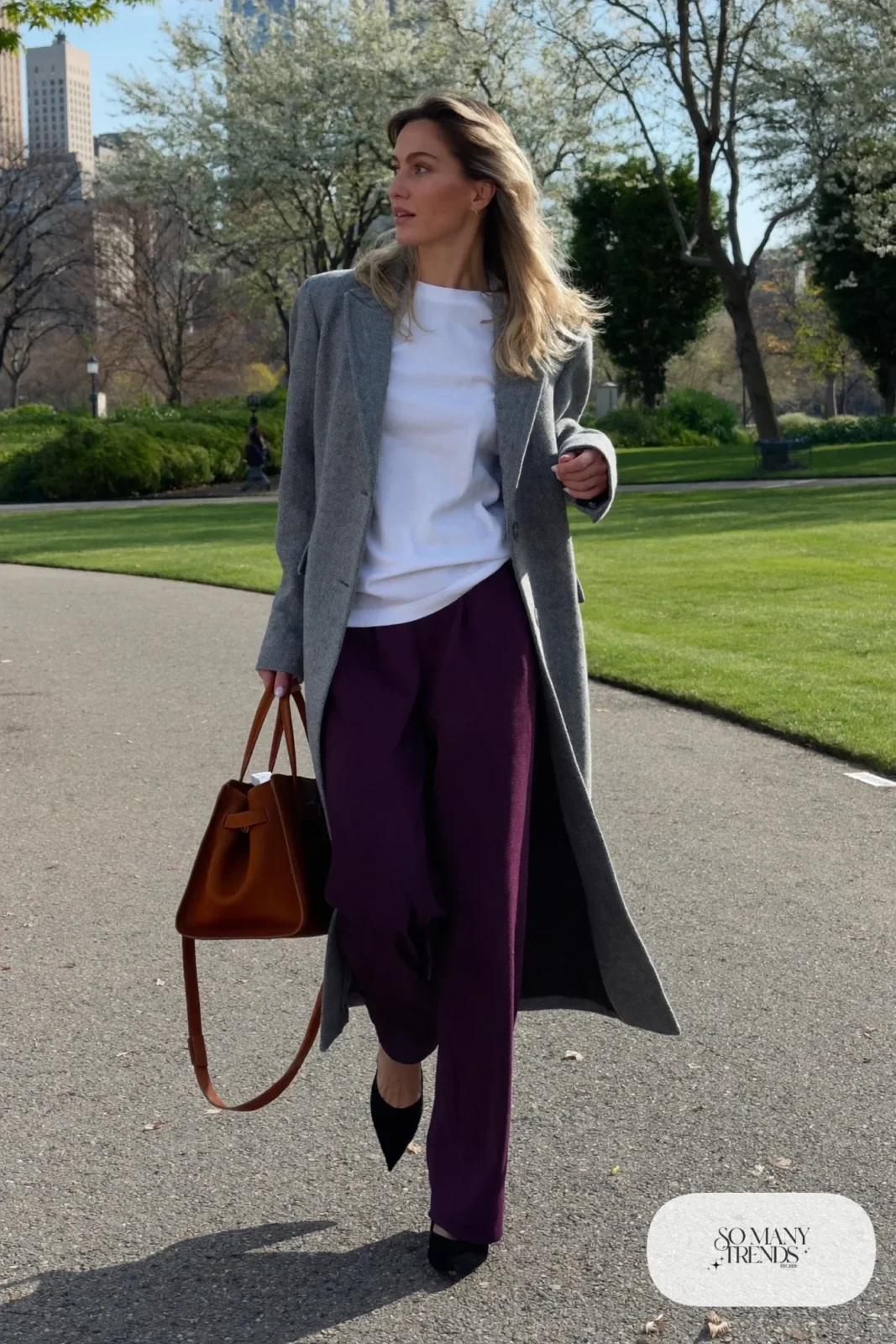 Heather gray car coat, wide plum pants, white tee and pointed flats, outfit 25