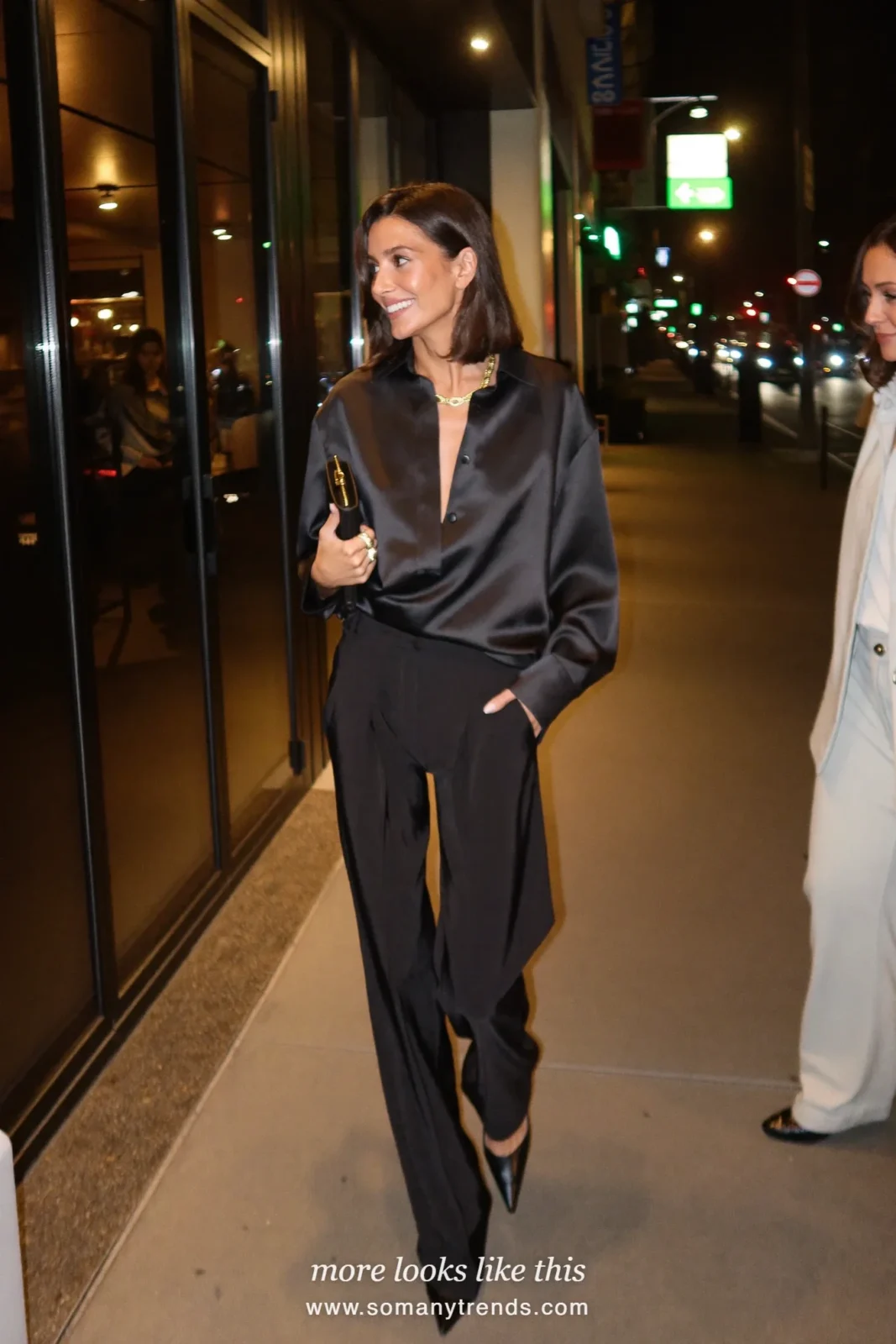 Black satin blouse with black wide pants, gold chain and heels, outfit 7
