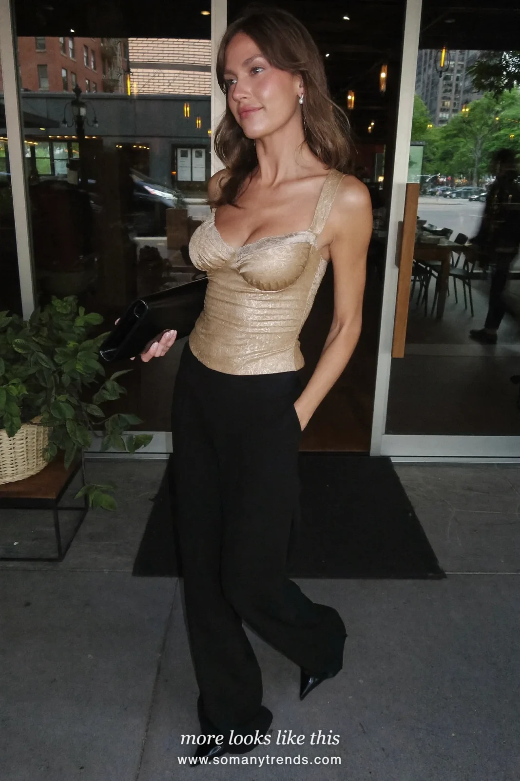 Champagne lace-trim top with black straight pants and heels, outfit 17