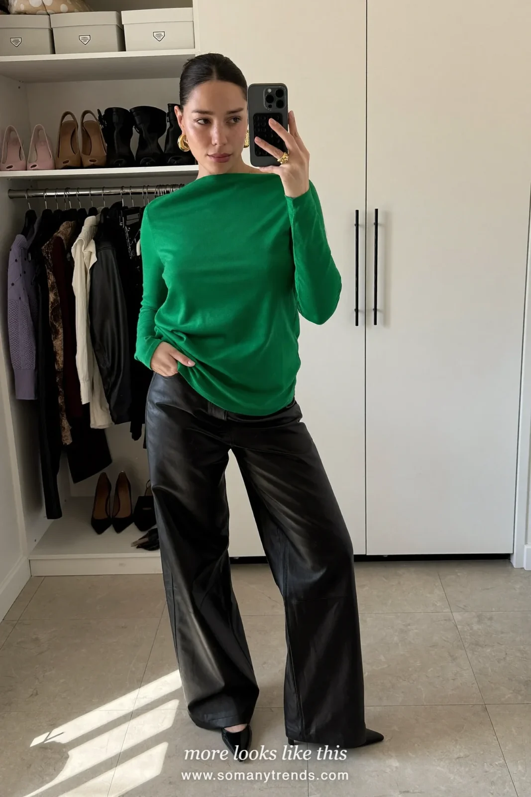 Emerald fine knit top with black faux leather straight pants and heels, outfit 20