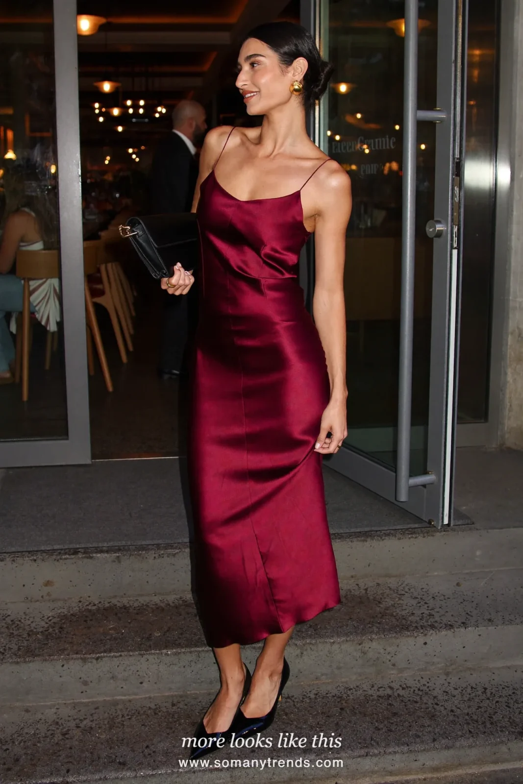 Burgundy satin slip dress with black heels and gold earrings, outfit 27