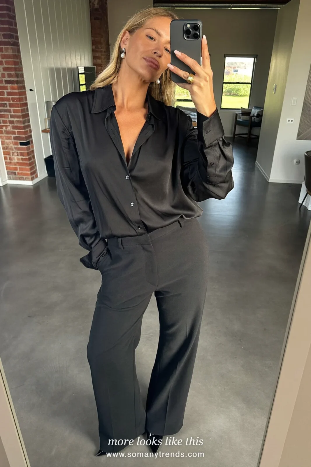 Black silk blouse with black tailored pants, pearl earrings and heels, mirror selfie, outfit 28