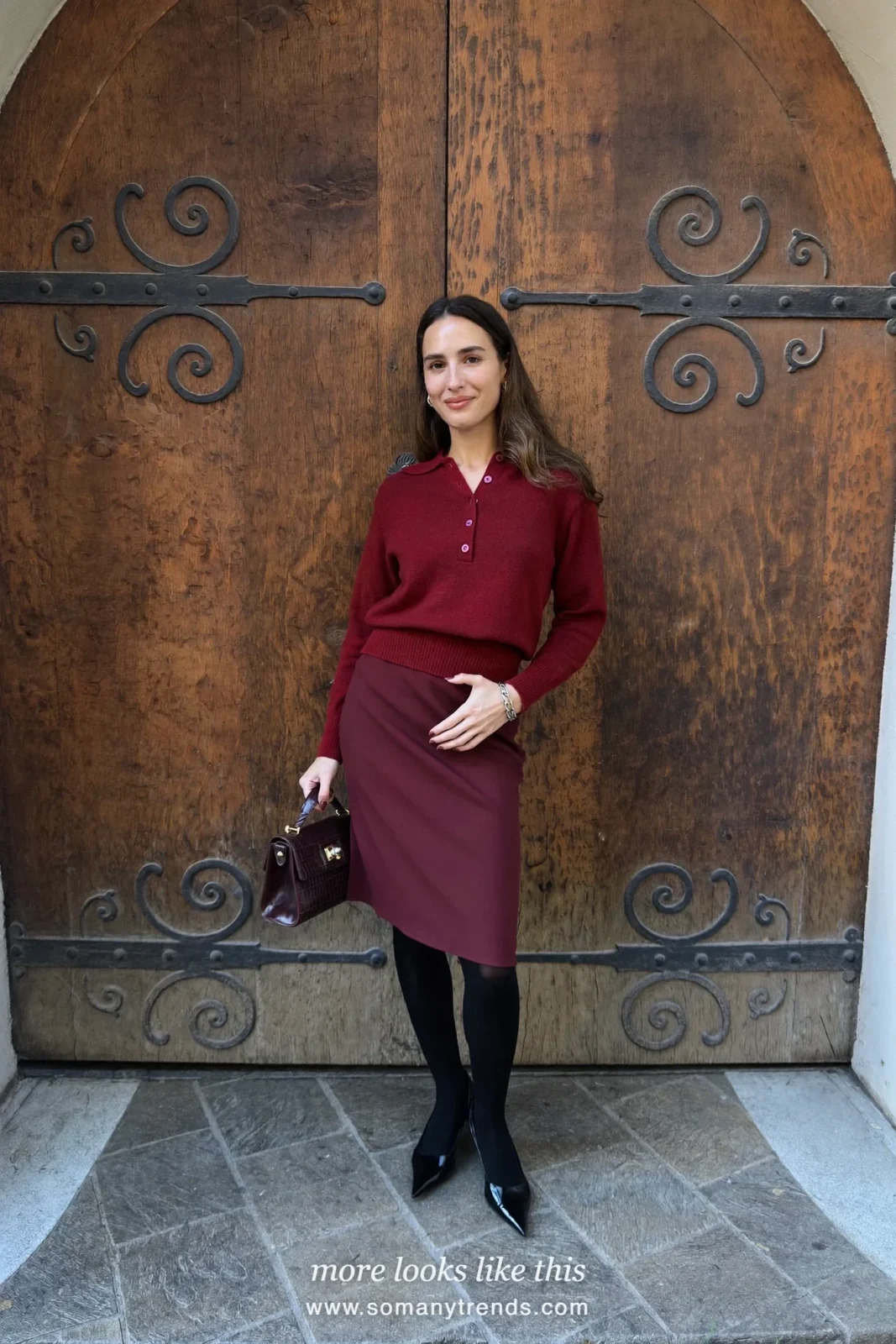Woman in a deep red knit polo, burgundy knee-length pencil skirt and black kitten heels, church outfit 2