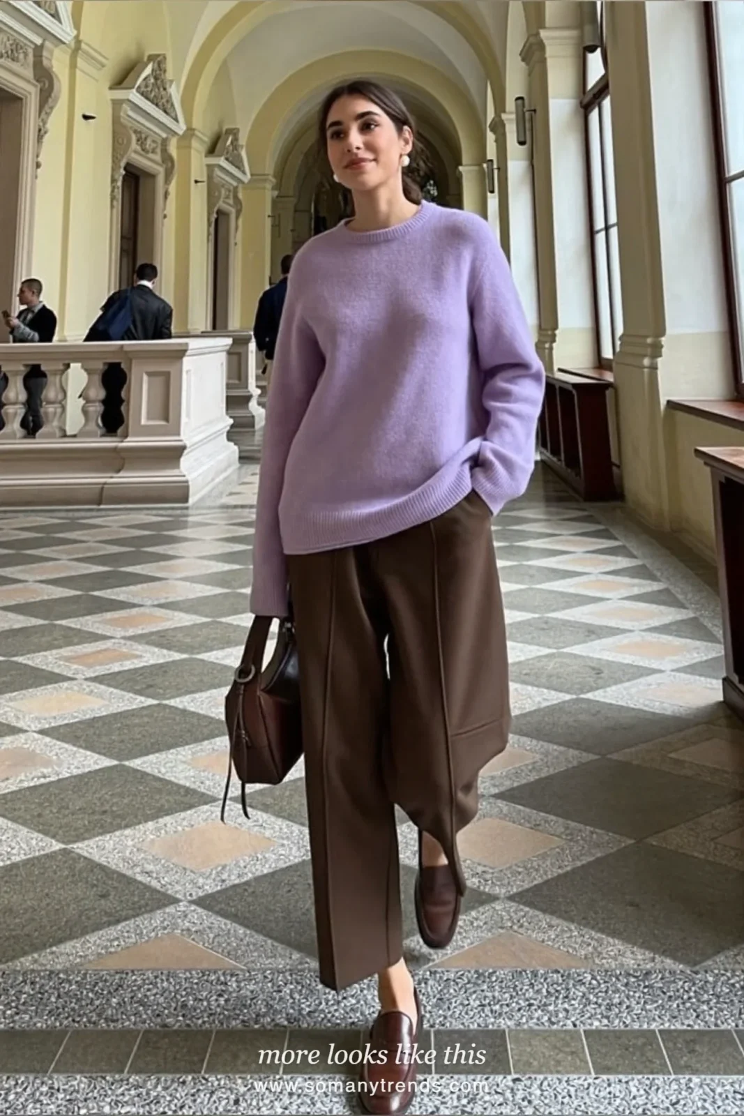 Woman in chocolate brown wide-leg pants, lavender sweater, pearl earrings and brown loafers, church outfit 6