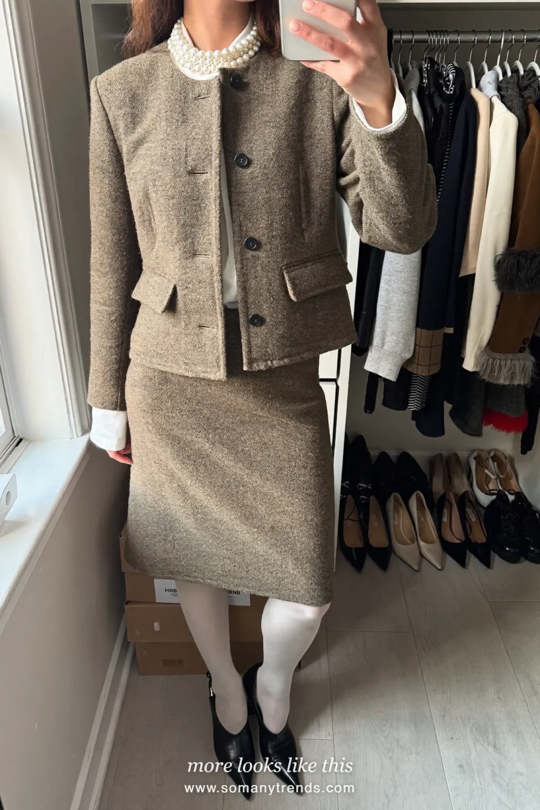 Woman in a brown tweed jacket and skirt set, white blouse, pearls and pumps, church outfit 16