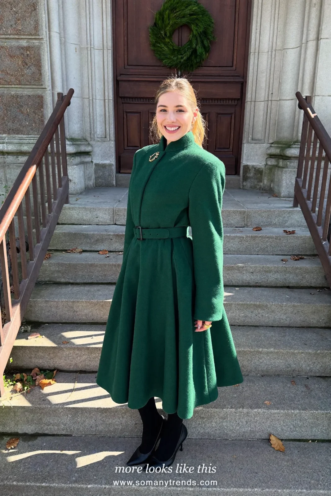 Woman in a deep green wool belted dress, gold pin and black pumps, church outfit 18