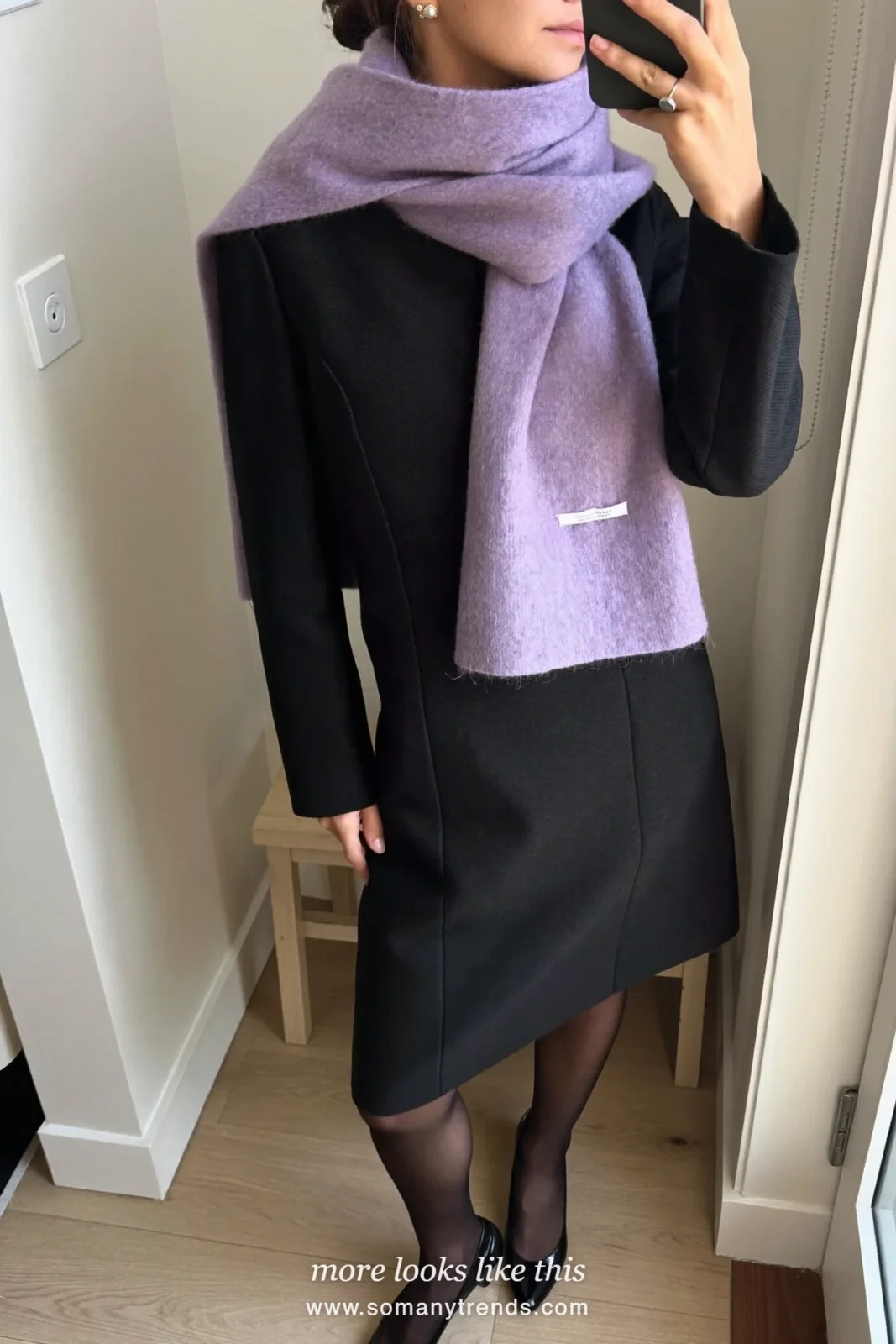 Woman in a black wool dress, lavender wrap scarf, pearl studs and pumps, church outfit 20