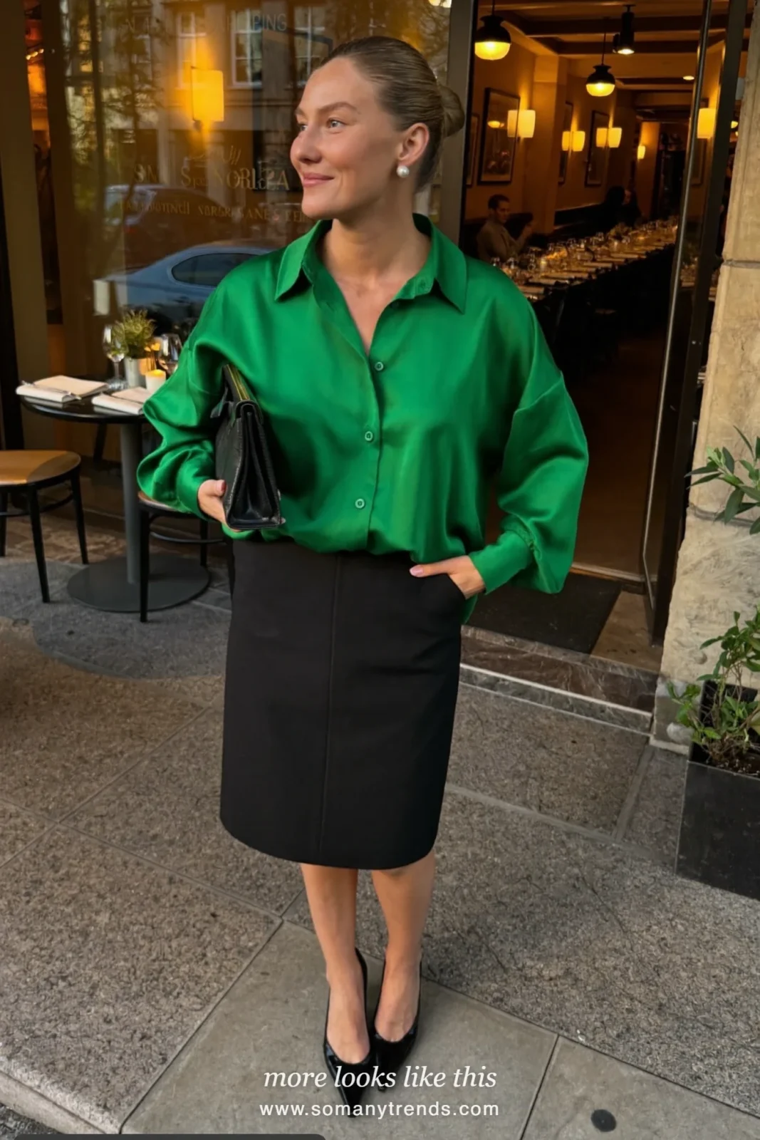 Emerald silk blouse with black pencil skirt, pearl studs and black pointed pumps, outfit 1