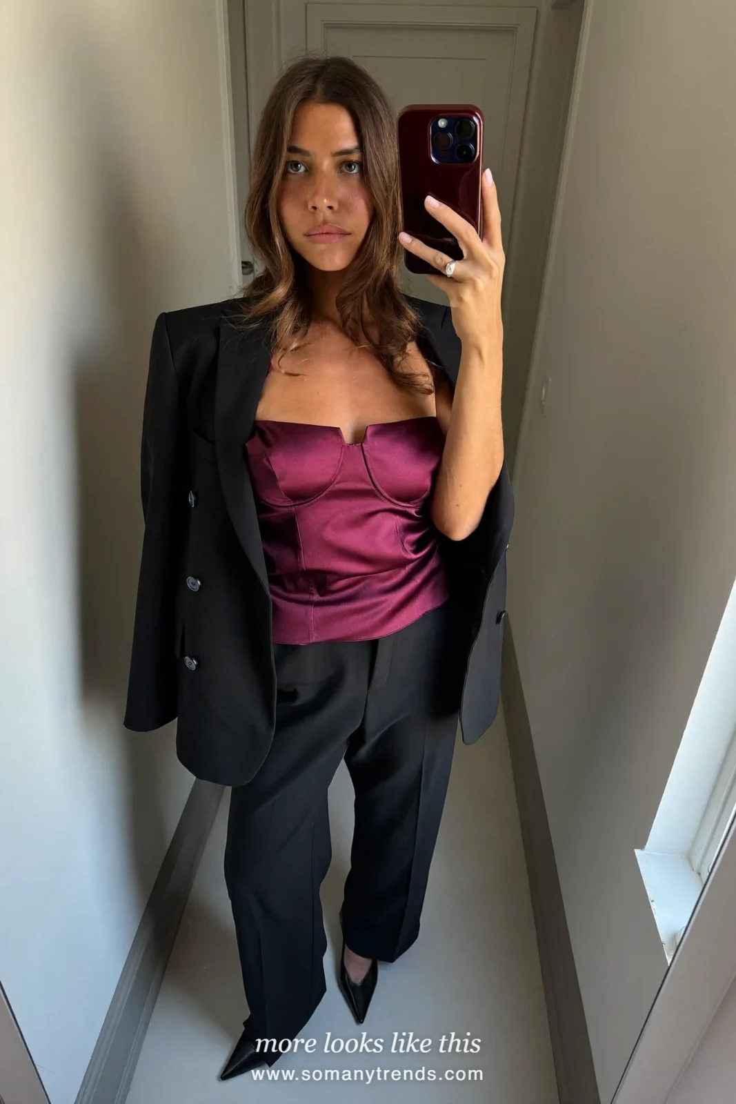 Burgundy satin cami with black blazer, black tailored pants and heels, mirror selfie, outfit 4