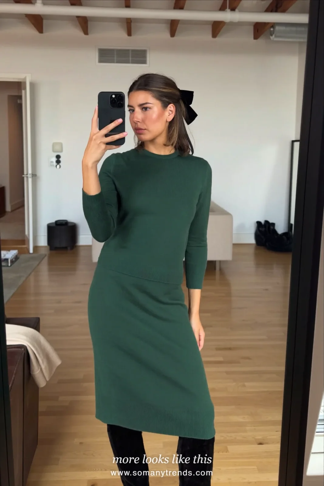 Woman in a forest green knit top and midi skirt set with a velvet bow in a mirror selfie, church outfit 28