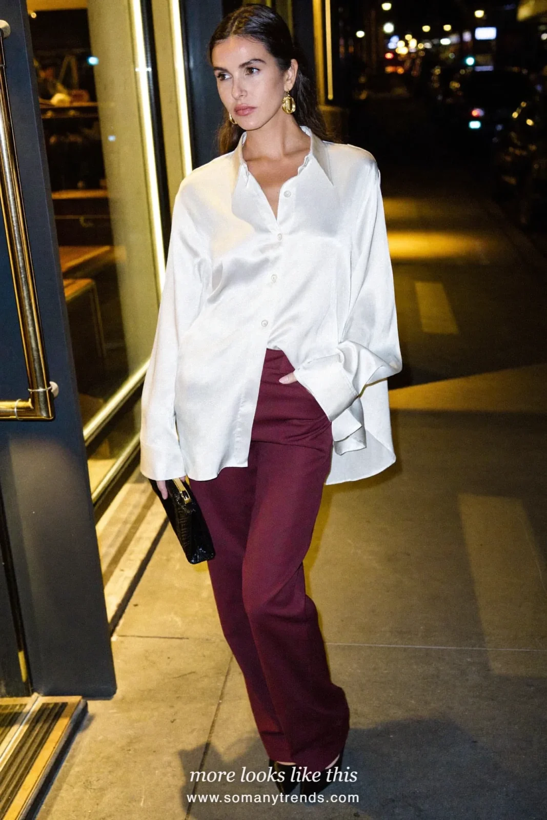 Pearl white silk blouse with burgundy straight pants, thin belt and heels, outfit 22