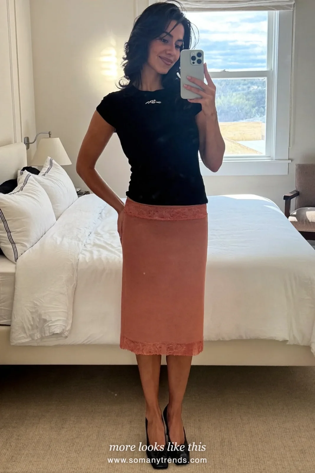 Dusty rose lace-trim skirt with black fine knit top and pointed pumps, mirror selfie, outfit 24