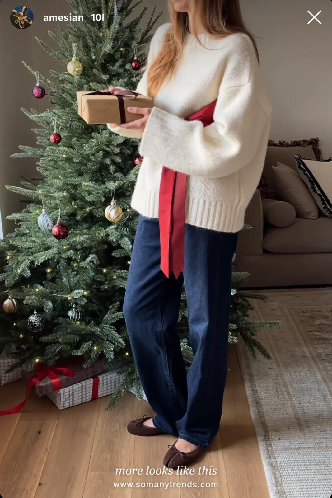 Ecru chunky knit sweater with a cranberry ribbon tied at the waist, relaxed dark indigo jeans and chocolate flats, Christmas outfit 1
