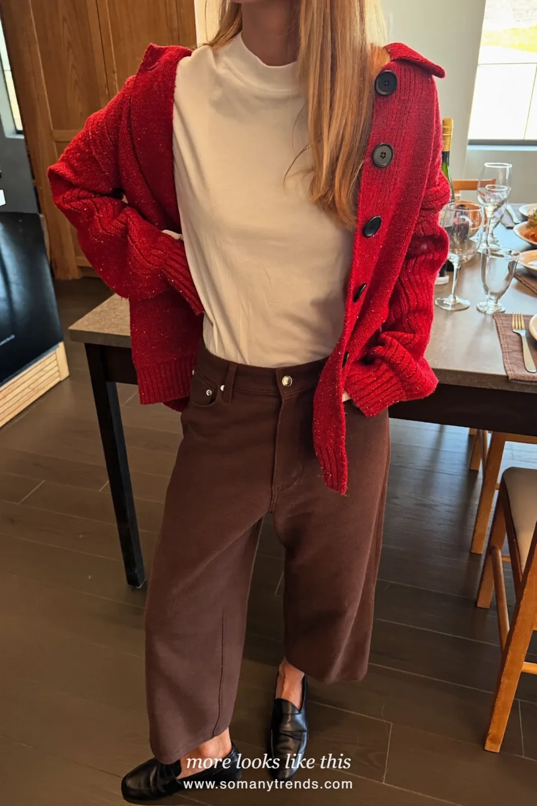 Red cardigan with mismatched buttons over a white tee with wide chocolate pants and loafers, Christmas outfit 2