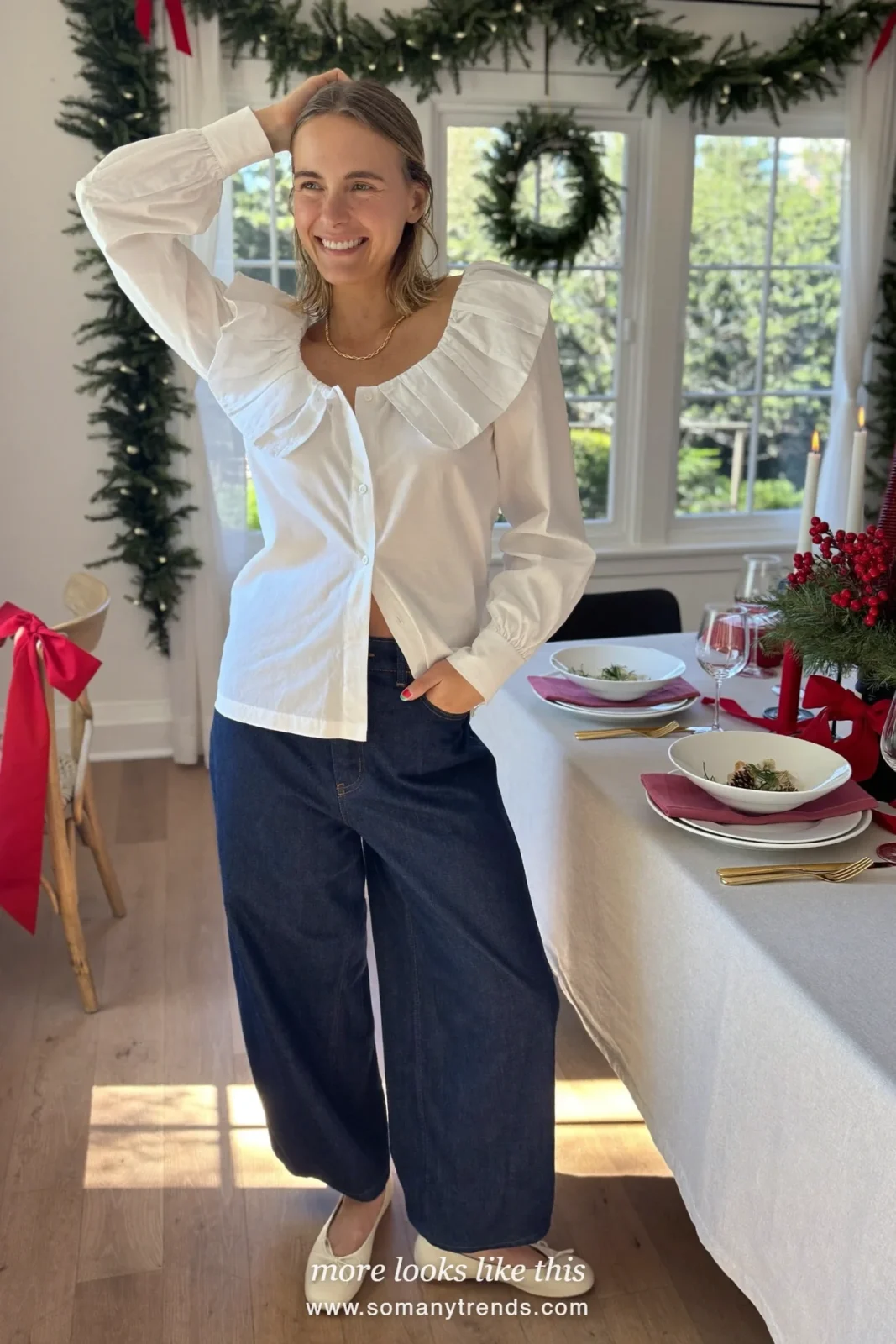 White ruffled collar blouse with dark indigo jeans and ballet flats, Christmas outfit 3