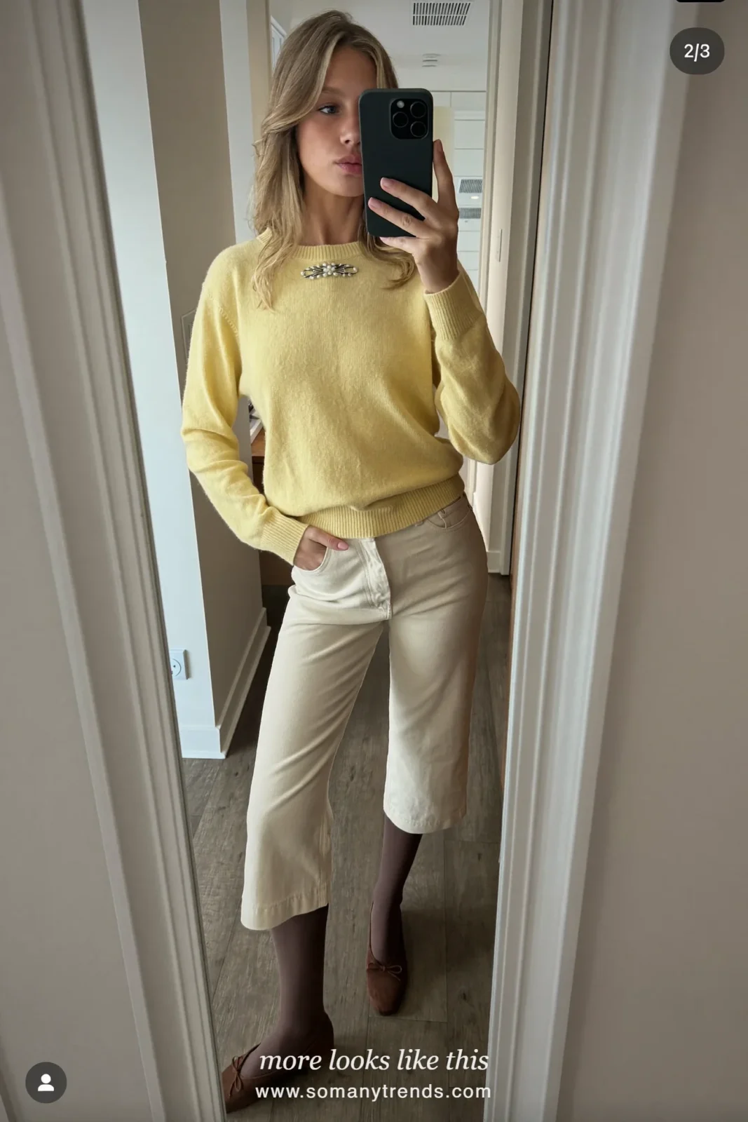 Butter yellow fine knit sweater with brooch, capri pants and chocolate tights with flats, Christmas outfit 4