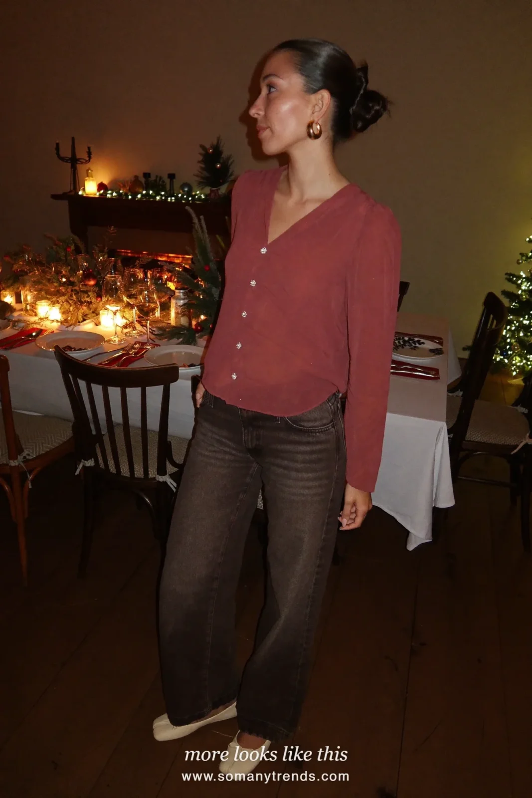 Dusty rose blouse with pearl buttons, dark brown jeans and ecru flats, Christmas outfit 9