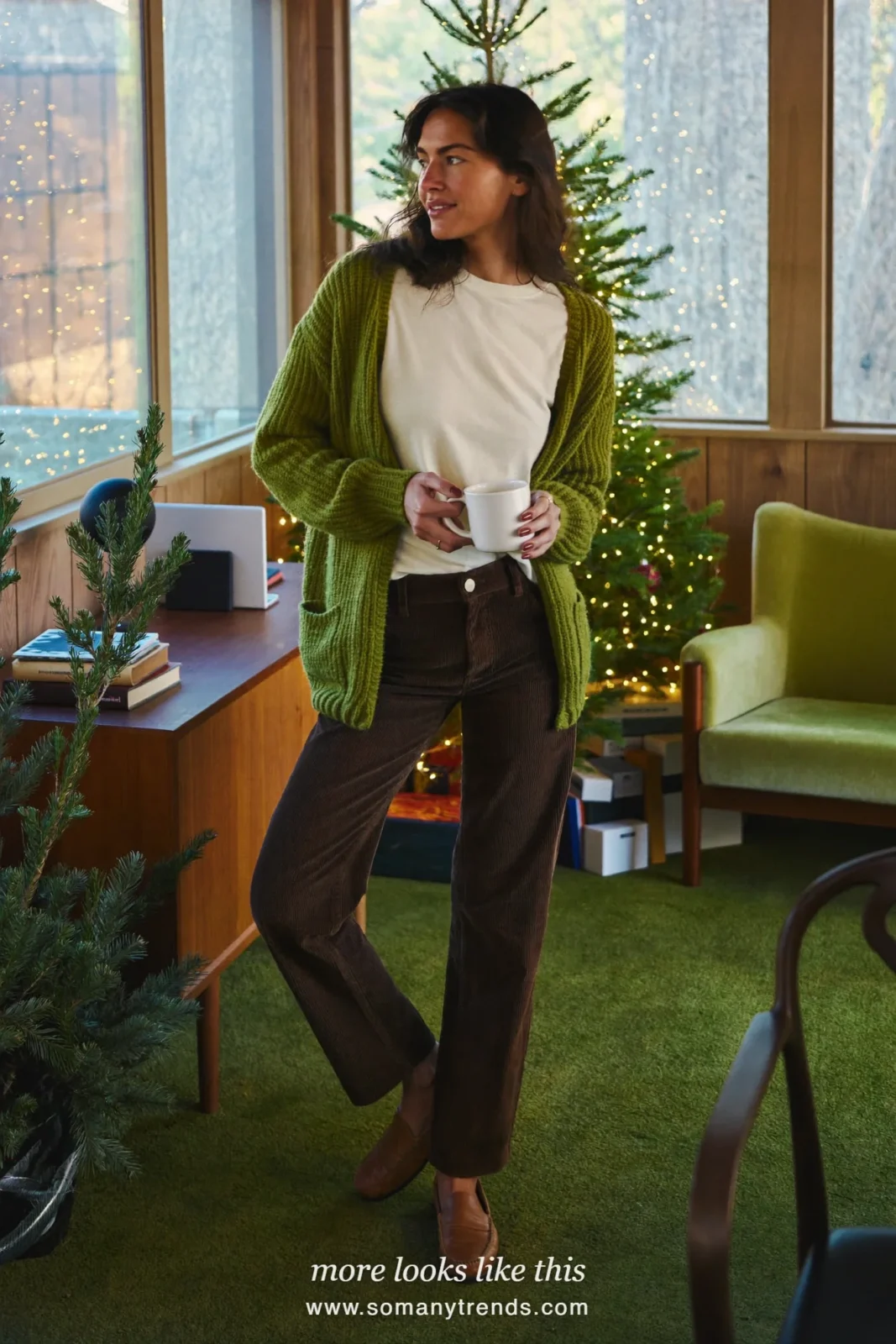 Forest green cardigan over a cream tee with straight chocolate corduroy pants and loafers, Christmas outfit 11