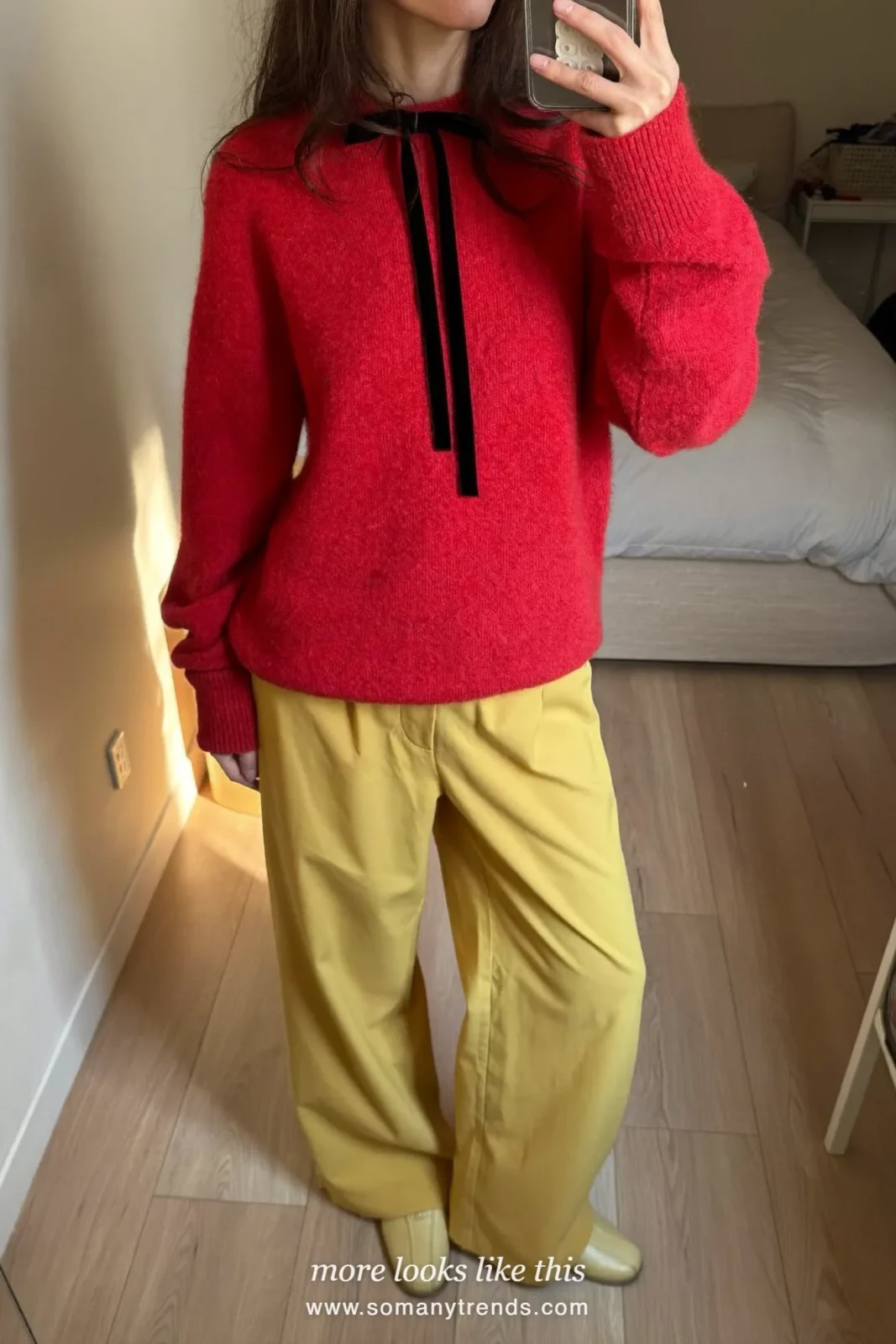 Cranberry sweater with a velvet ribbon at the collar, butter yellow wide pants and ecru flats, Christmas outfit 12