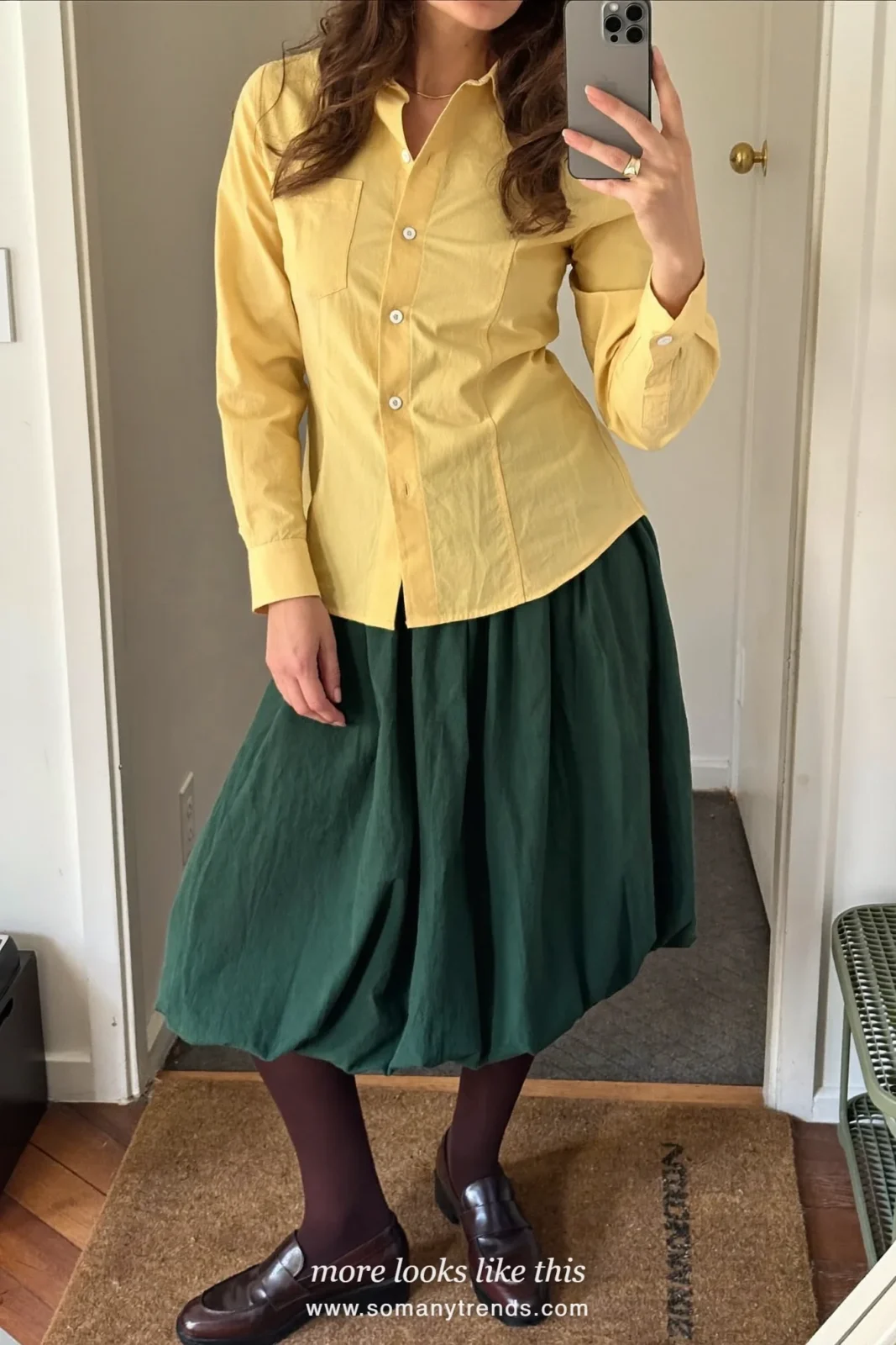 Butter yellow shirt with a forest green midi skirt, chocolate tights and loafers, Christmas outfit 16