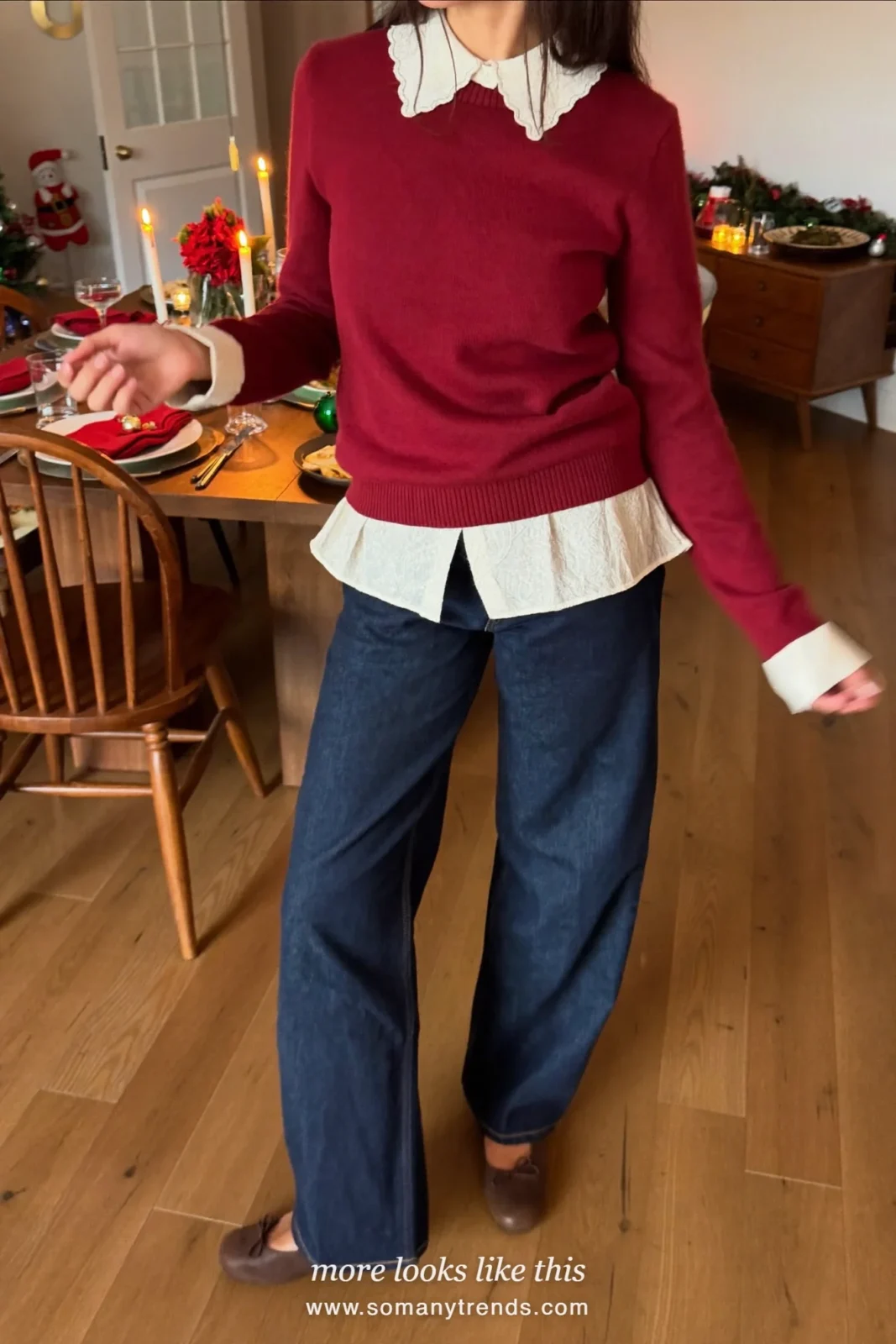 Cranberry sweater over a lace collar blouse with wide dark denim and flats, Christmas outfit 18