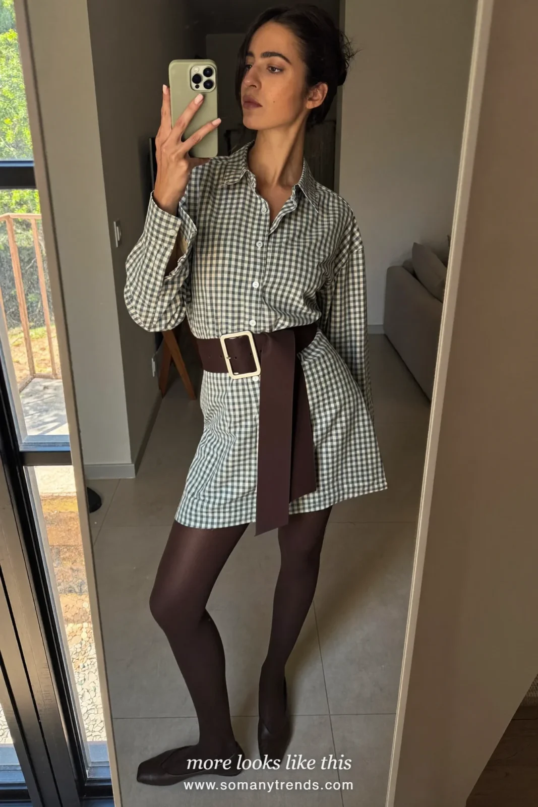 Ecru and green check shirt dress with a ribbon belt, black tights and flats, Christmas outfit 20