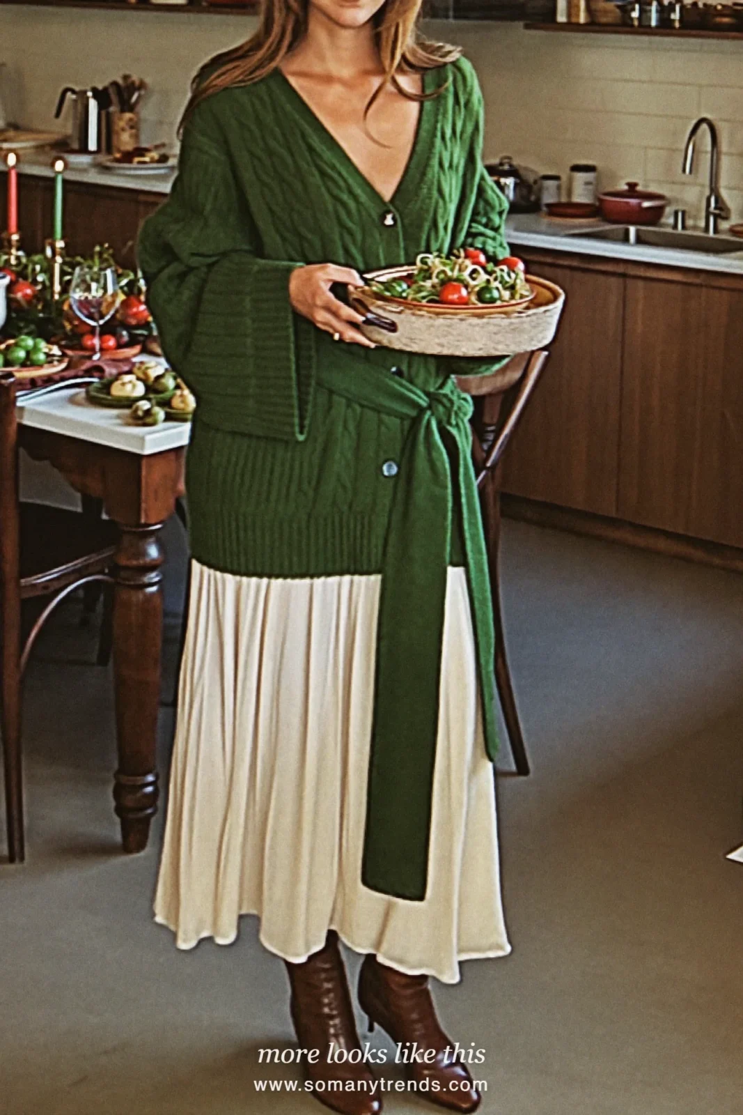Forest green wrap cardigan with a long ecru skirt and tall boots, Christmas outfit 22