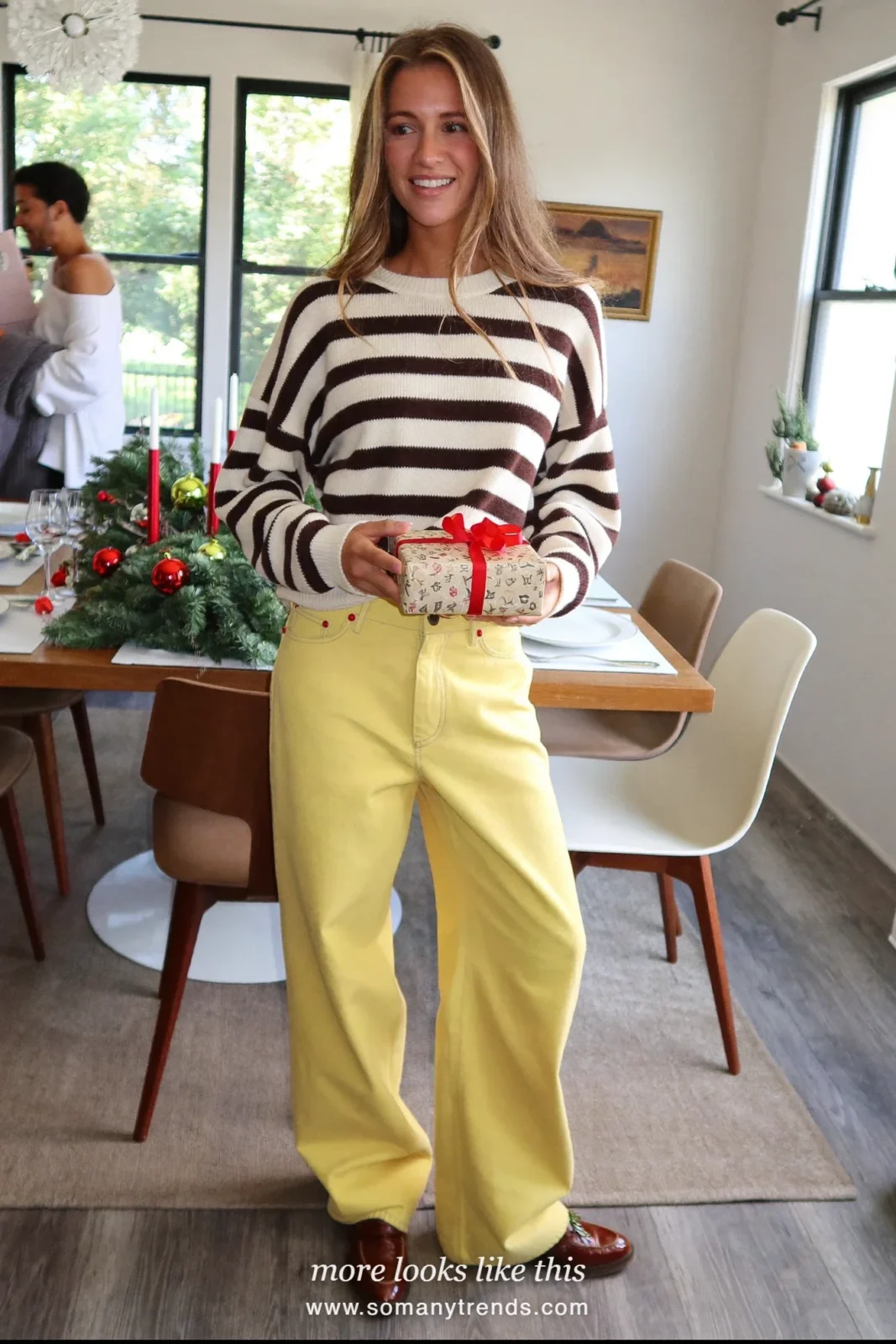 Ecru and chocolate striped knit with wide butter yellow pants and loafers, Christmas outfit 25