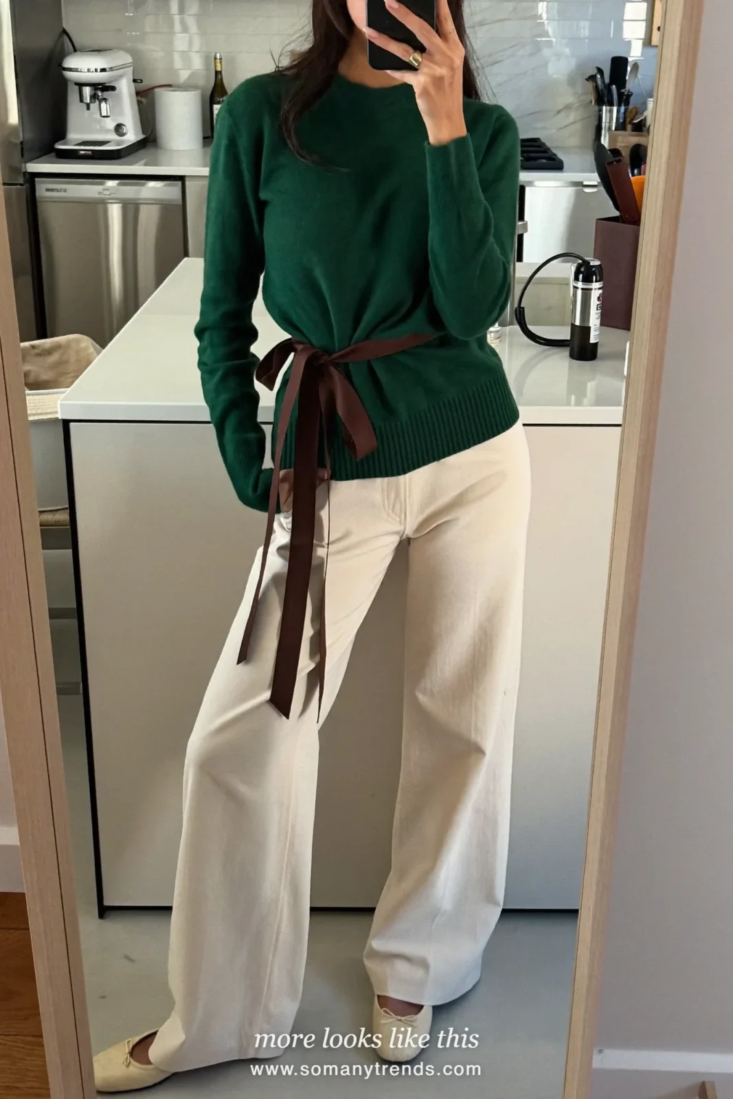 Forest green sweater with a chocolate ribbon belt, wide ecru pants and ballet flats, Christmas outfit 28