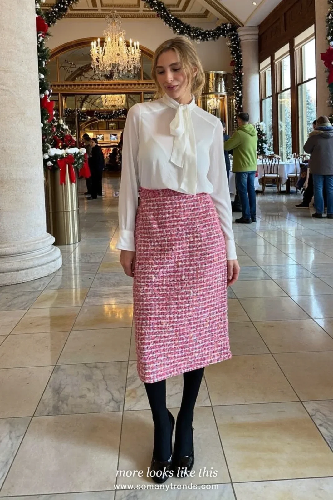 Woman in a white bow-neck blouse, pink tweed midi skirt and black pumps, outfit 14