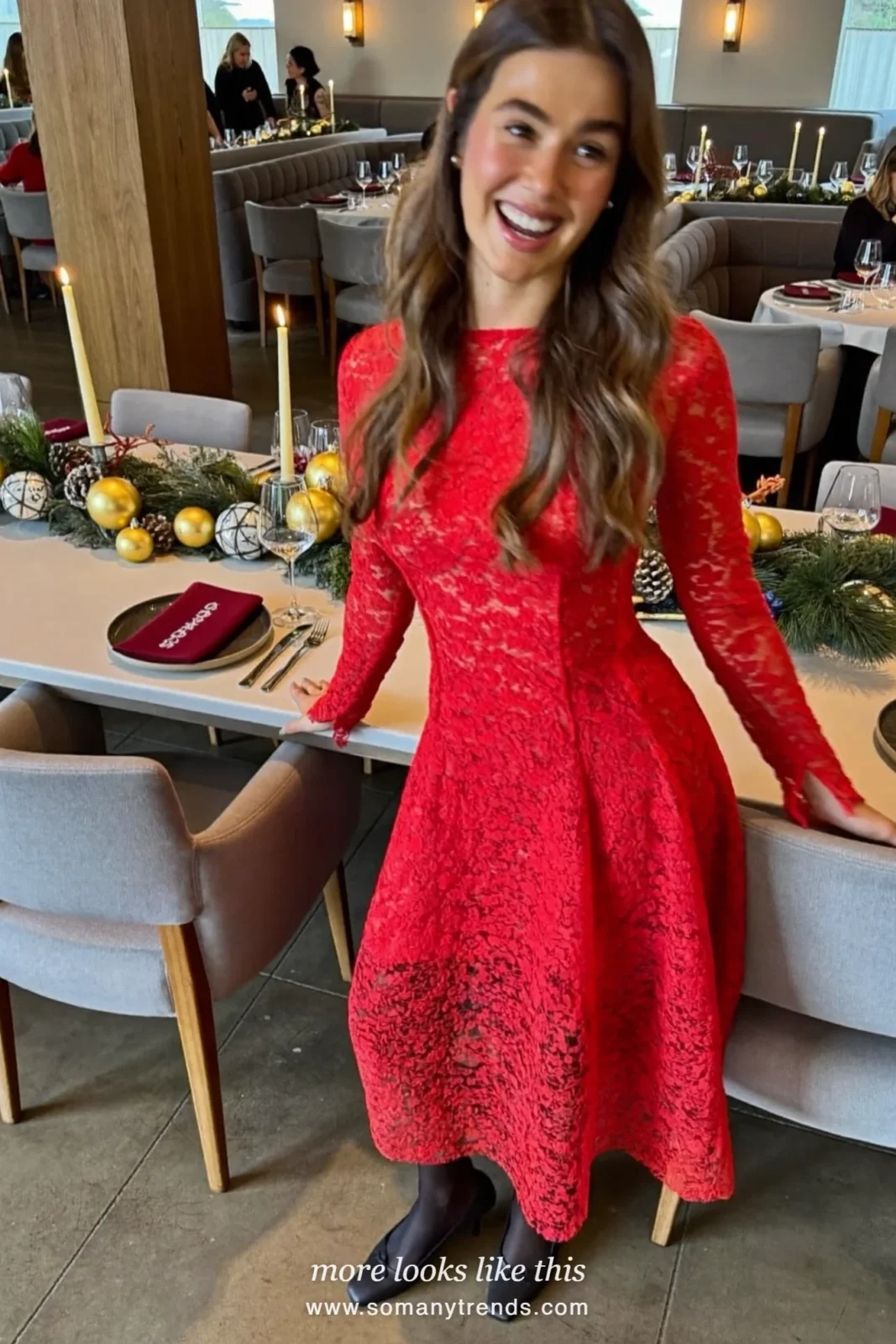 Woman in a red lace long-sleeve midi dress, sheer black tights and black pumps, outfit 26