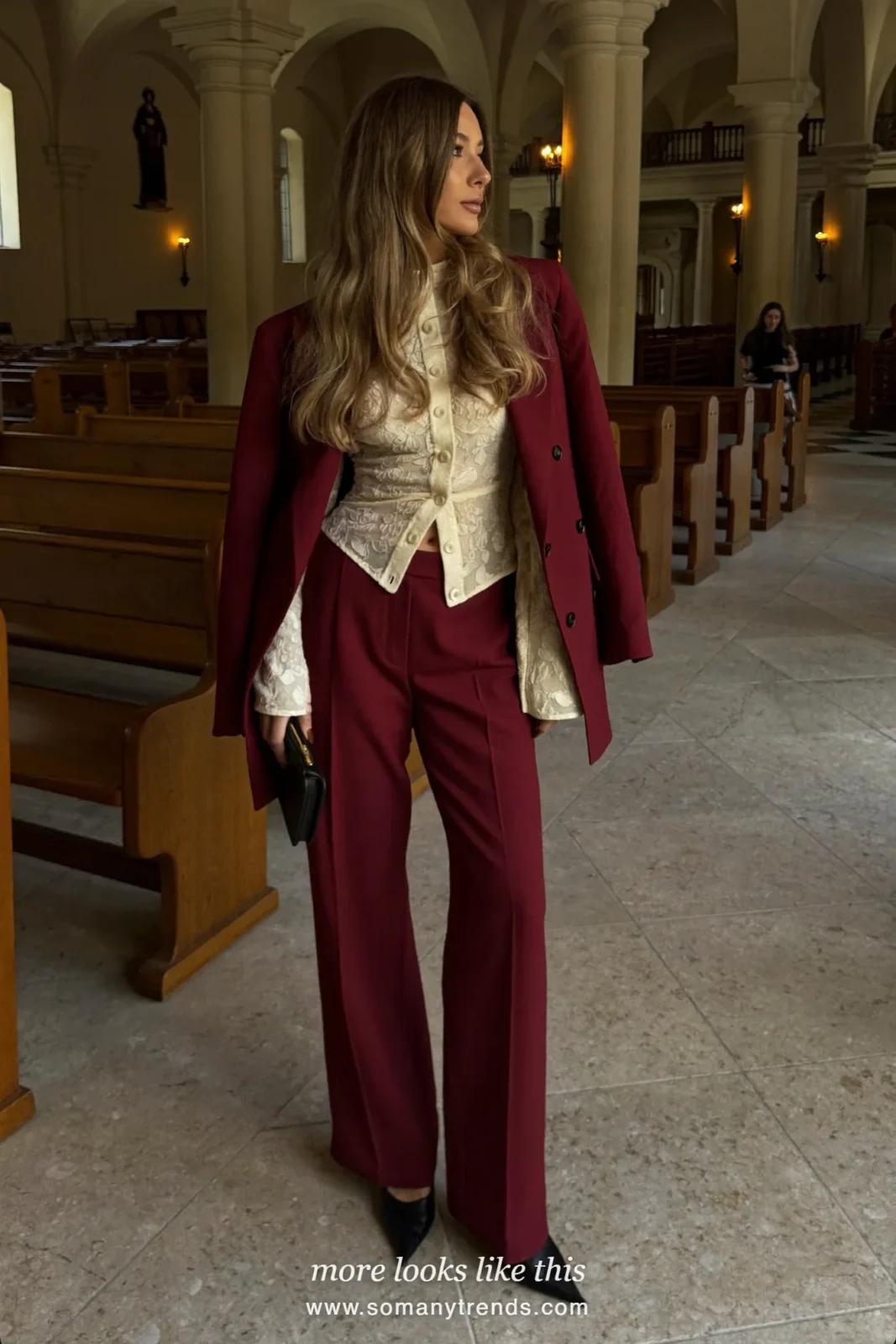 Woman in a burgundy pants suit, cream lace blouse and black pumps, church outfit 21
