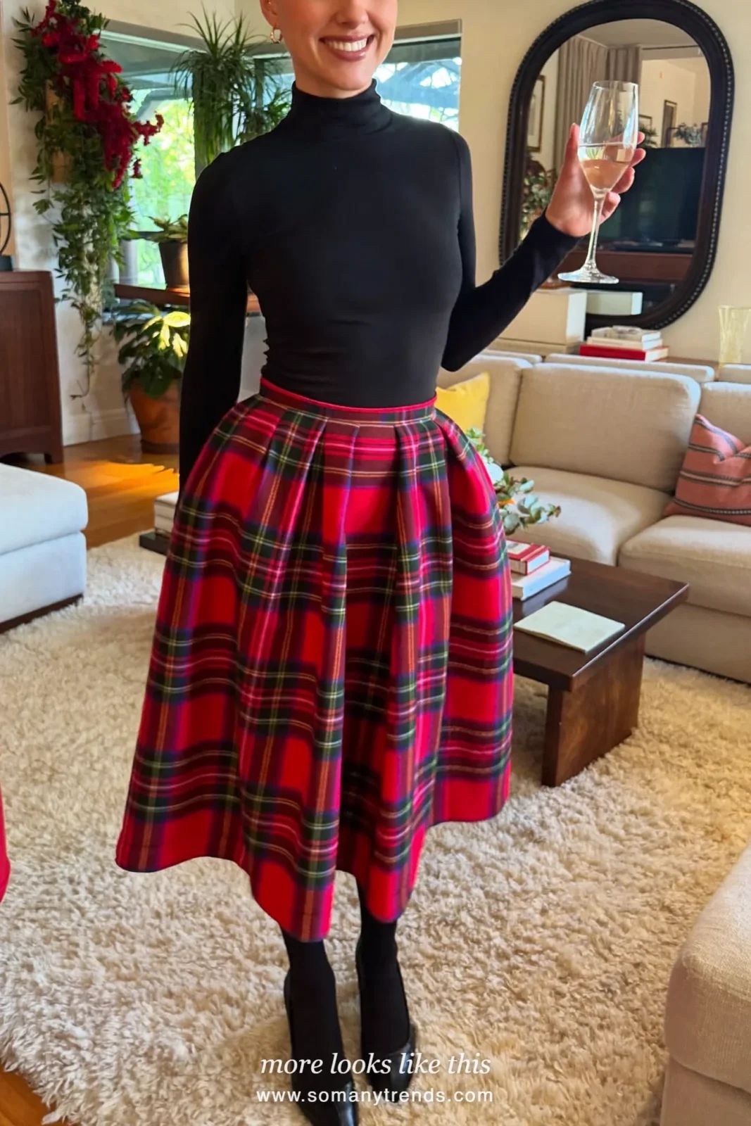 Woman in a full red and black plaid midi skirt, black turtleneck and black pumps at a party, outfit 21