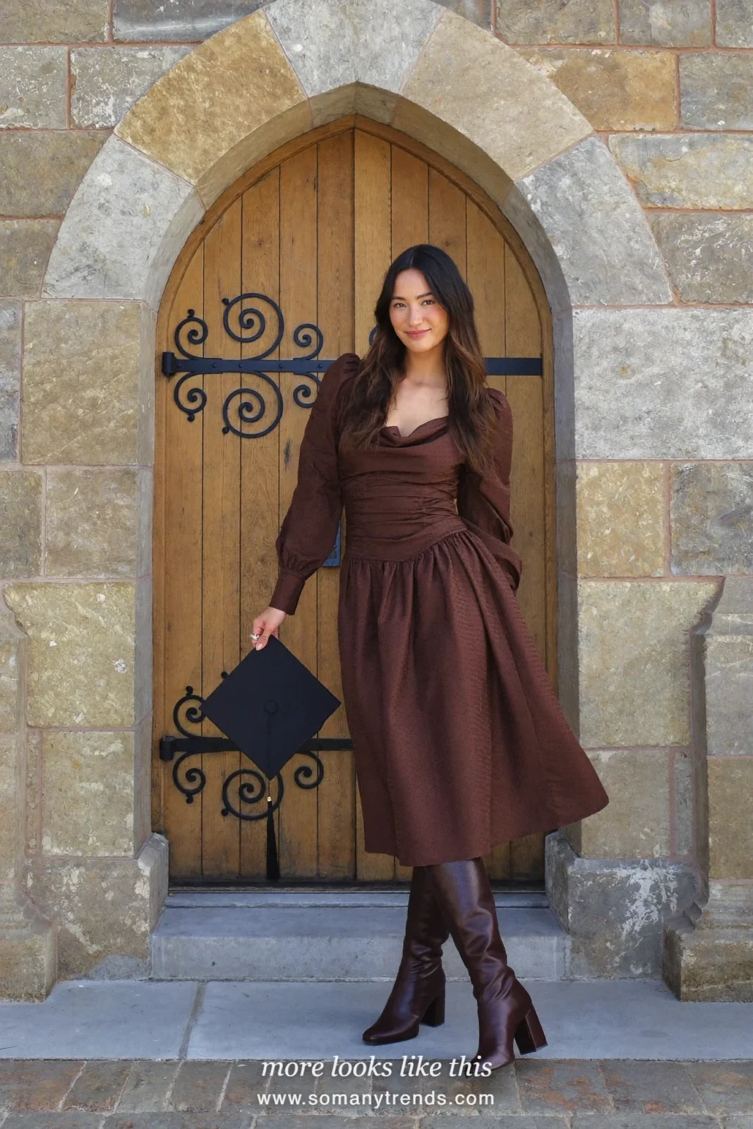 Woman wearing a chocolate brown long-sleeve midi dress and tall brown block-heel boots, winter graduation outfit 15