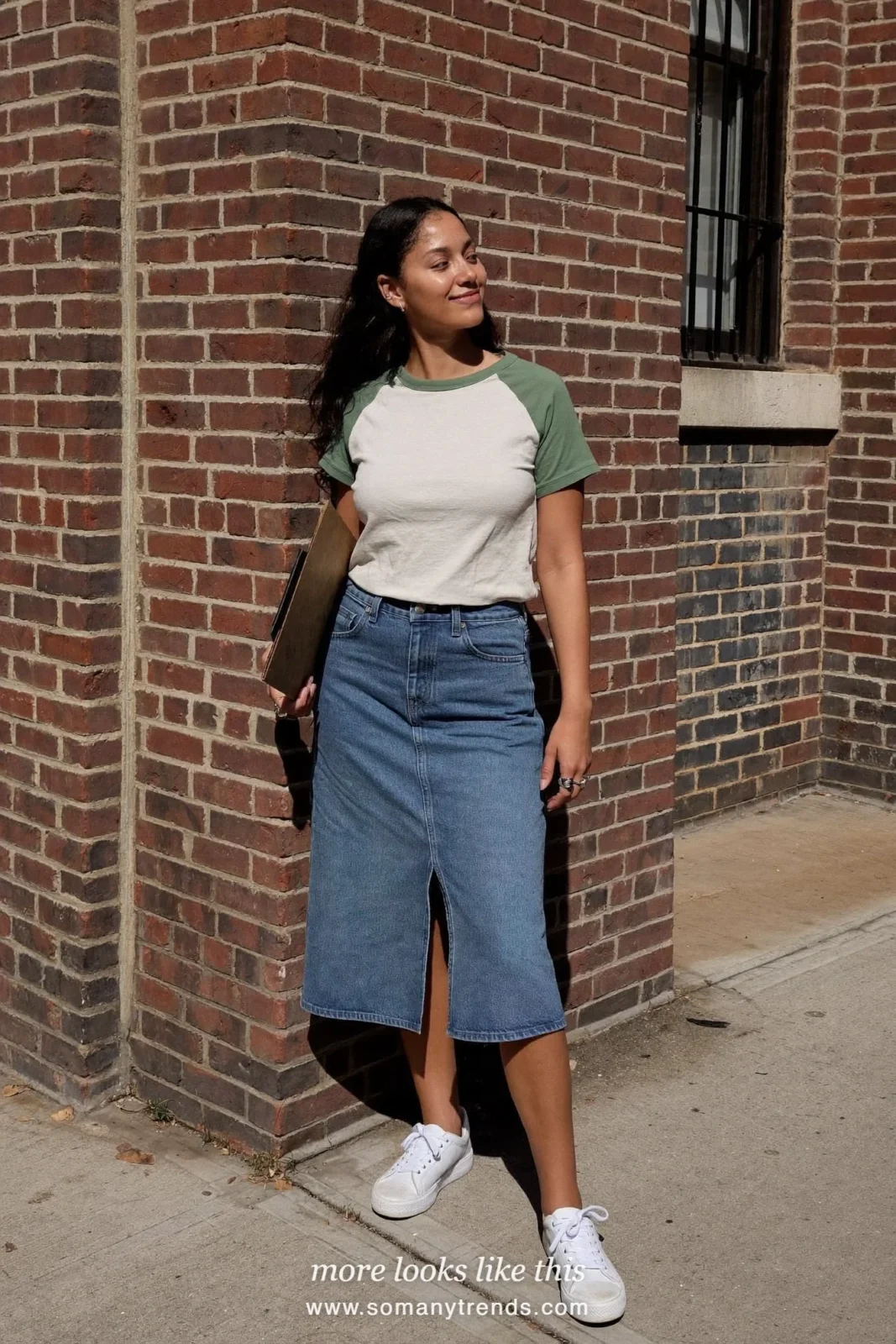Ivory and sage baseball tee with a mid-wash denim midi skirt and white sneakers, outfit 3