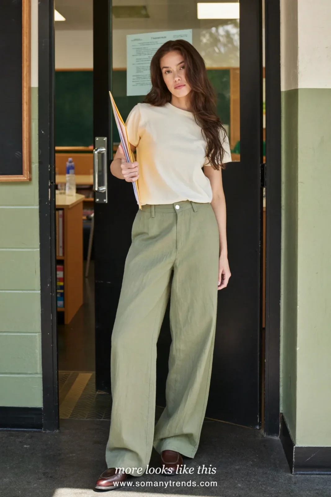 Sage wide-leg linen-blend pants with an ivory soft tee and espresso derby shoes, outfit 6